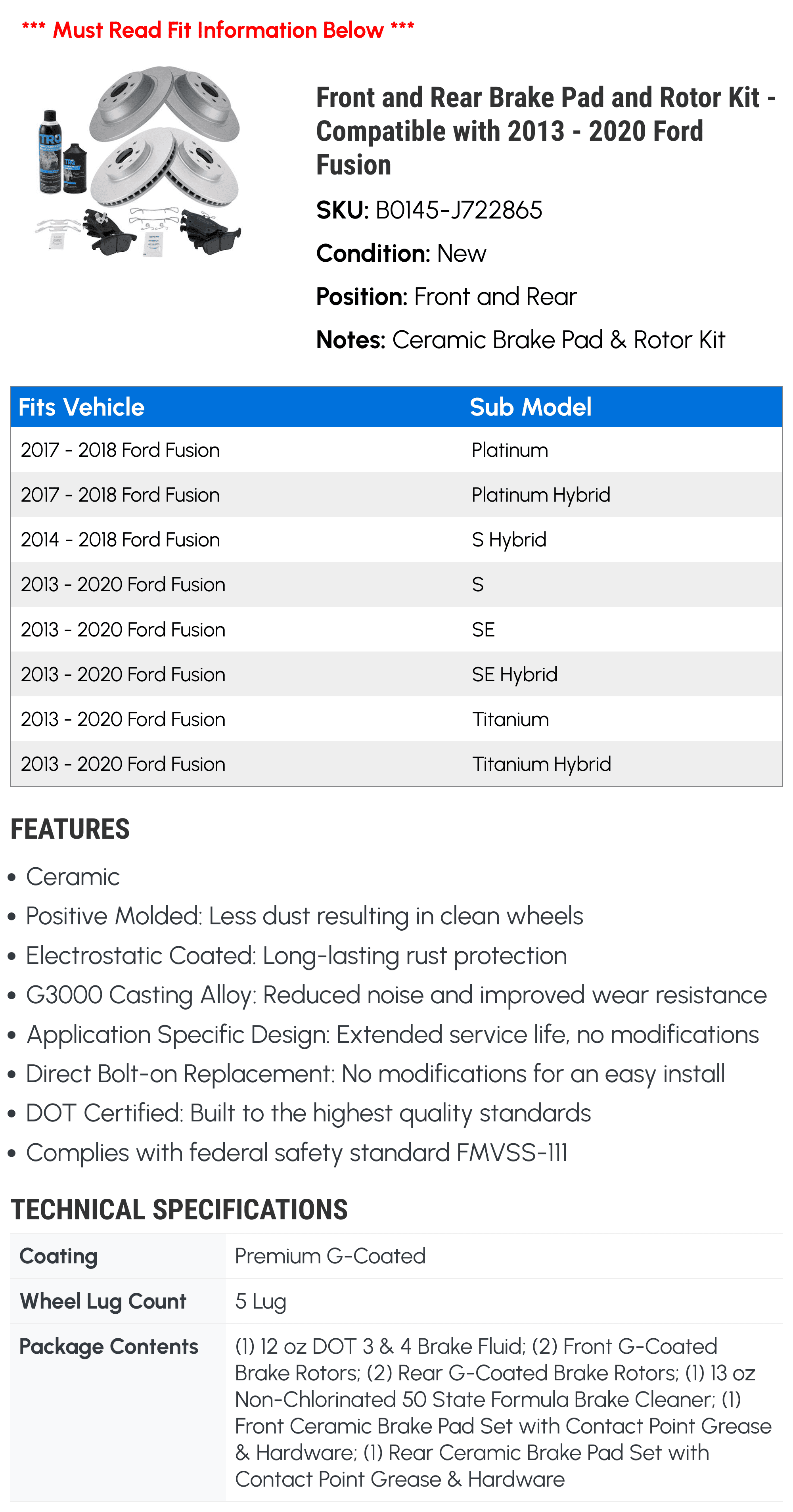 Front and Rear Brake Pad and Rotor Kit - Compatible with 2013 - 2020 Ford Fusion 2014 2015 2016 2017 2018 2019