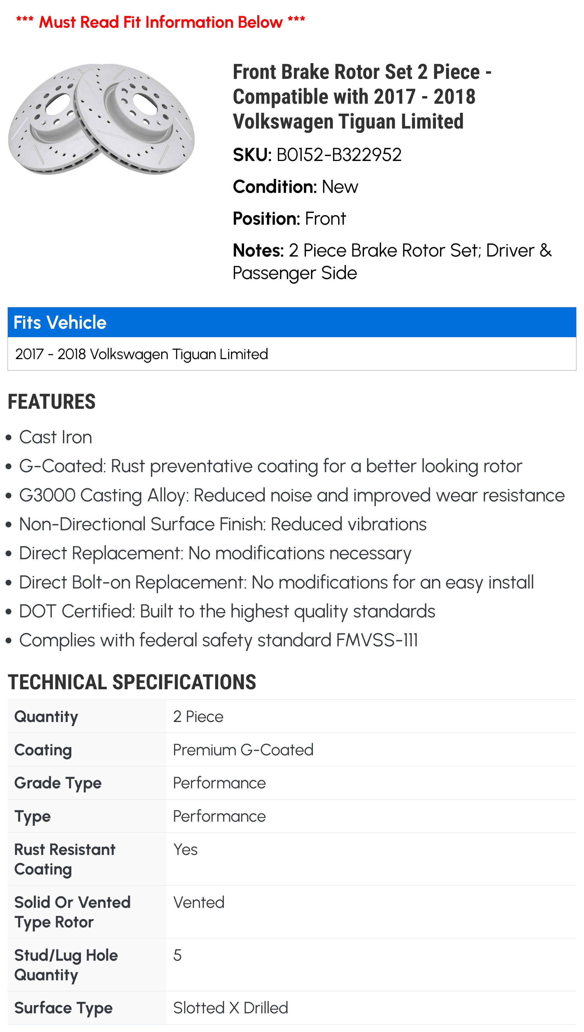 Front Brake Rotor Set 2 Piece - Compatible with 2017 - 2018 Volkswagen Tiguan Limited