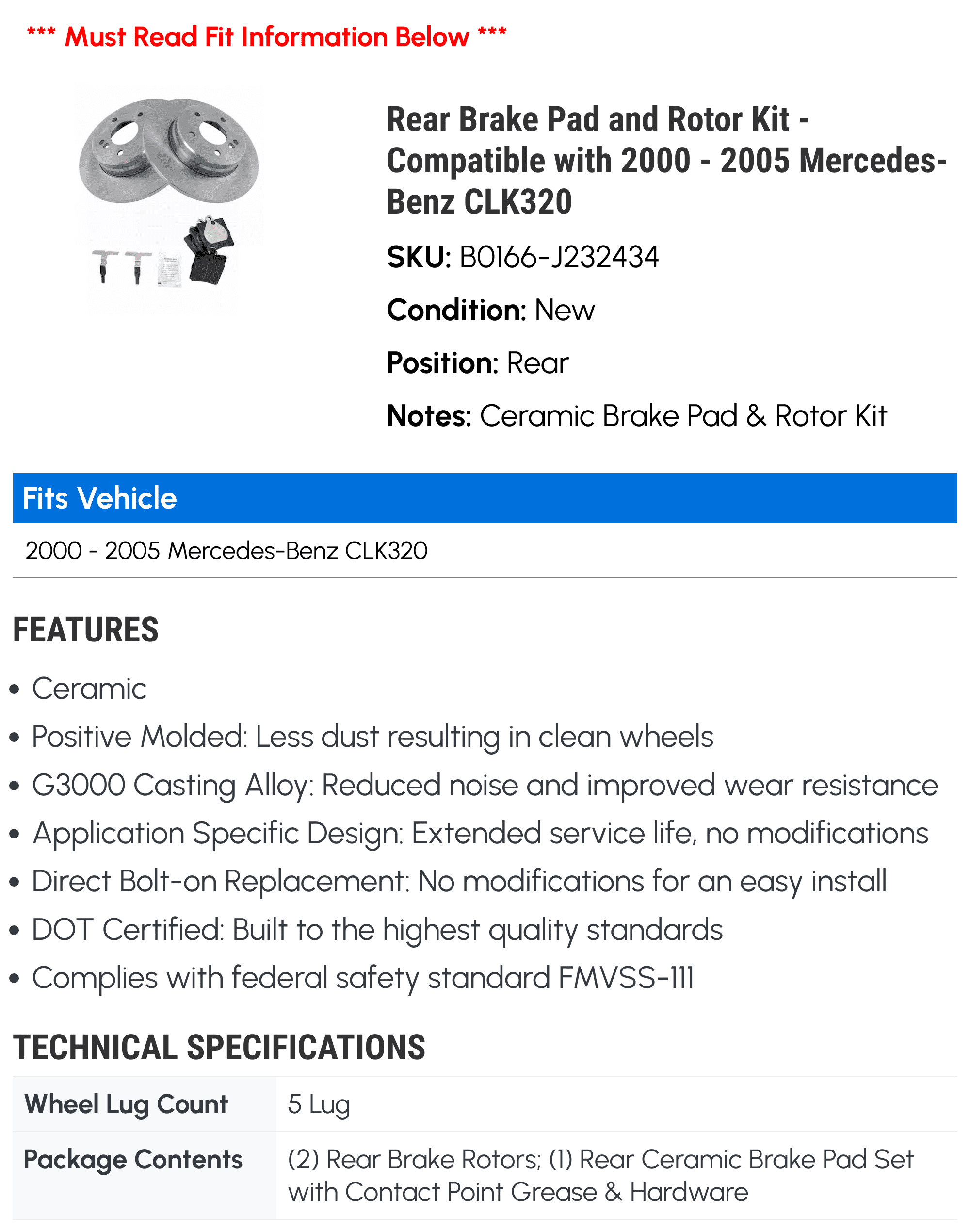 Rear Brake Pad and Rotor Kit - Compatible with 2000 - 2005 Mercedes-Benz CLK320 2001 2002 2003 2004