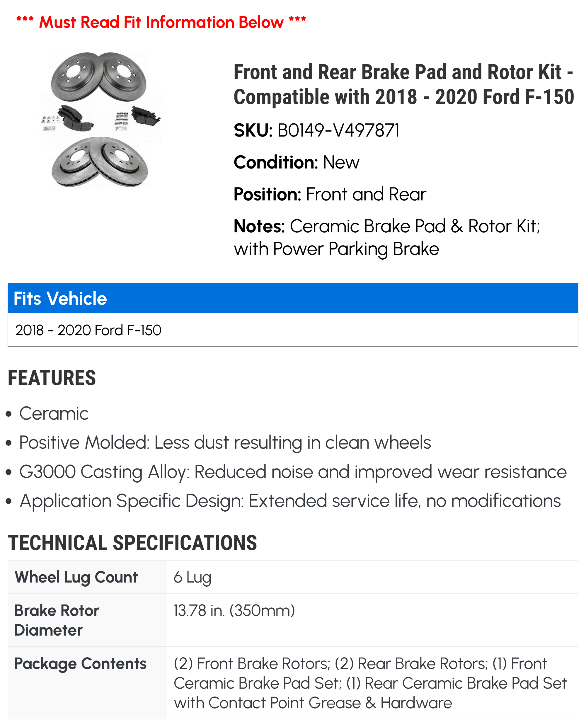 Front and Rear Brake Pad and Rotor Kit - Compatible with 2018 - 2020 Ford F-150 2019