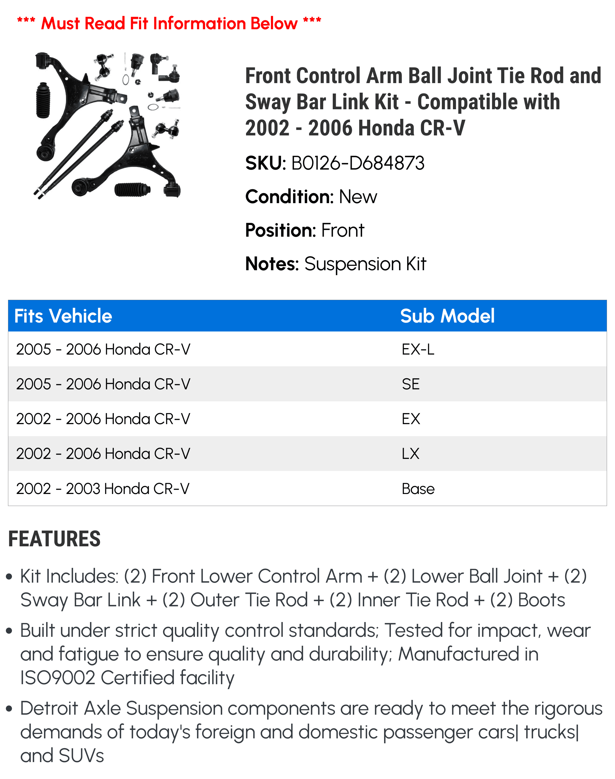 Front Control Arm Ball Joint Tie Rod and Sway Bar Link Kit - Compatible with 2002 - 2006 Honda CR-V 2003 2004 2005