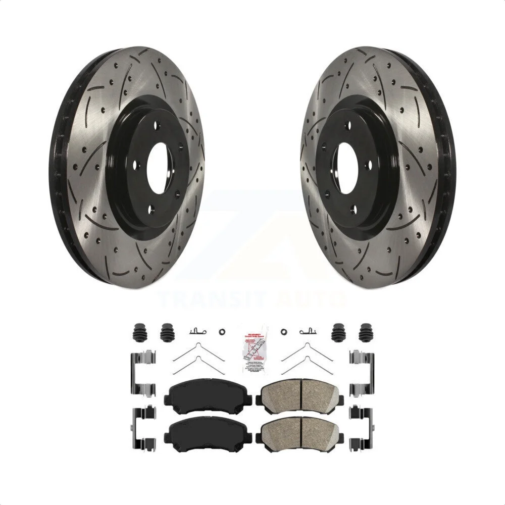 Transit Auto - Front Coated Drilled Slotted Disc Brake Rotors And Ceramic Pads Kit For Nissan Sentra Juke KDA-100114