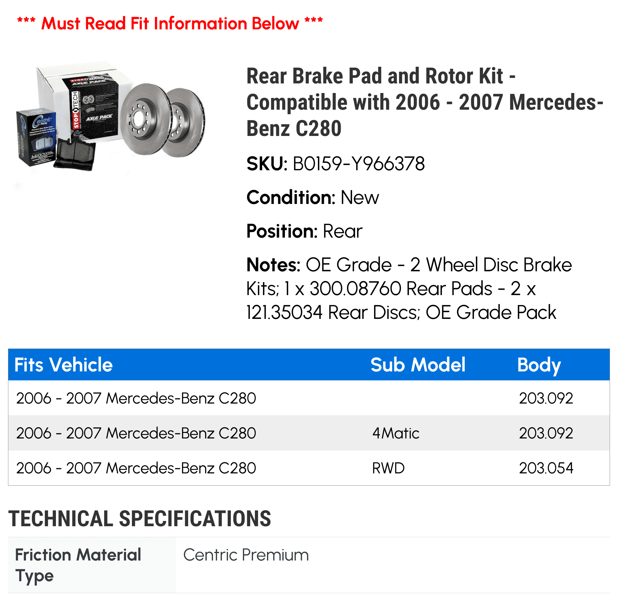 Rear Brake Pad and Rotor Kit - Compatible with 2006 - 2007 Mercedes-Benz C280