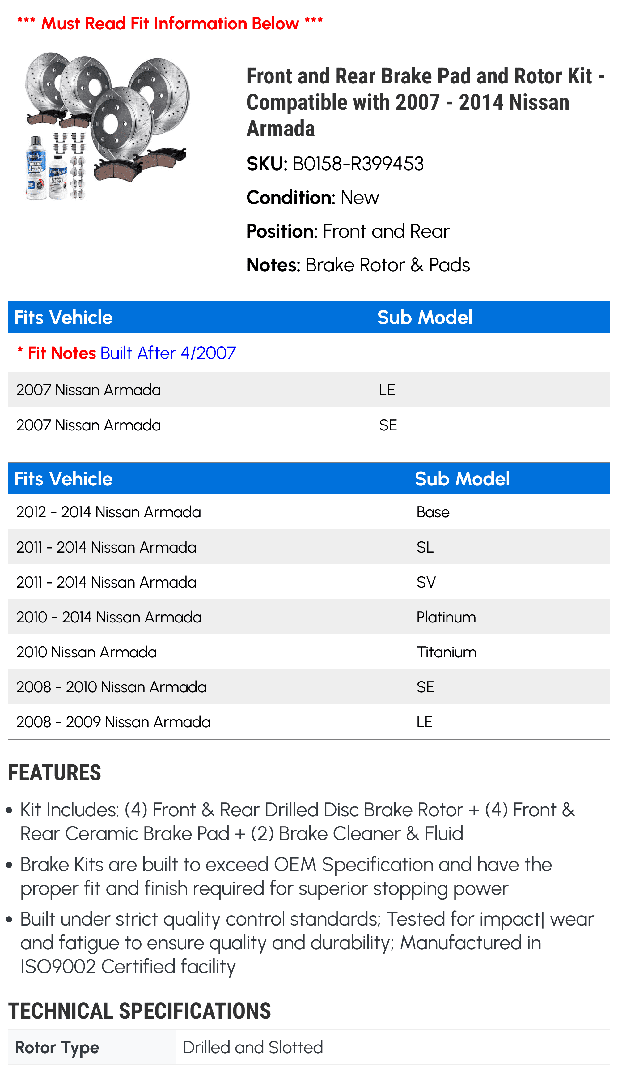 Front and Rear Brake Pad and Rotor Kit - Compatible with 2007 - 2014 Nissan Armada 2008 2009 2010 2011 2012 2013