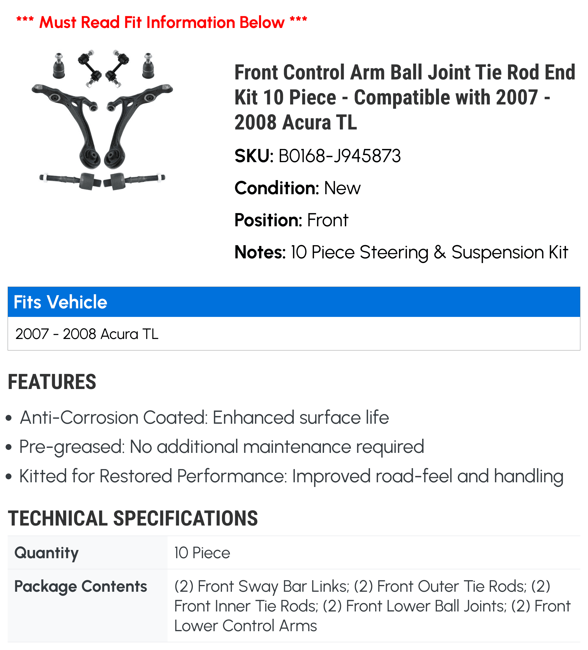Front Control Arm Ball Joint Tie Rod End Kit 10 Piece - Compatible with 2007 - 2008 Acura TL