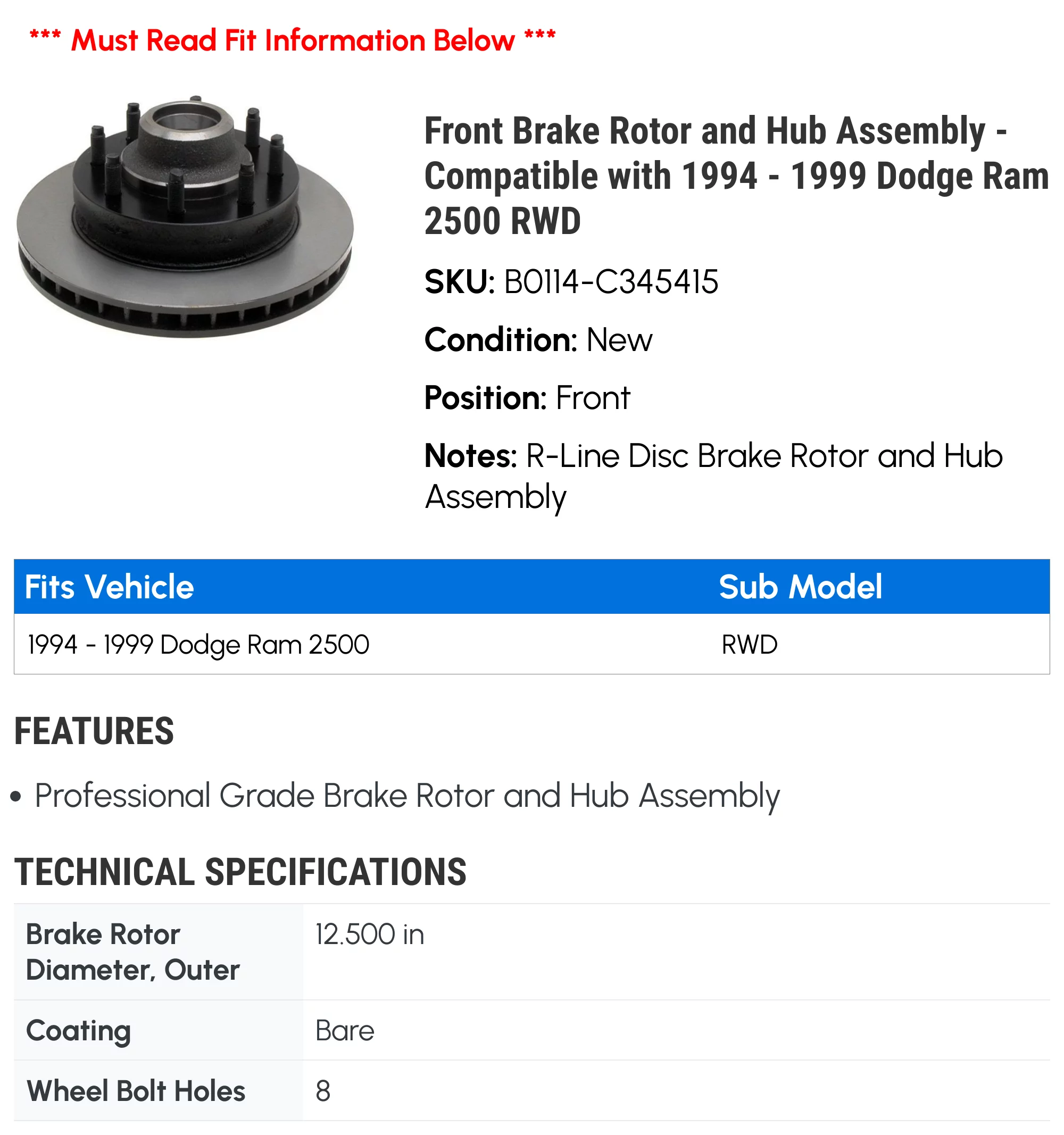 Front Brake Rotor and Hub Assembly - Compatible with 1994 - 1999 Dodge Ram 2500 RWD 1995 1996 1997 1998