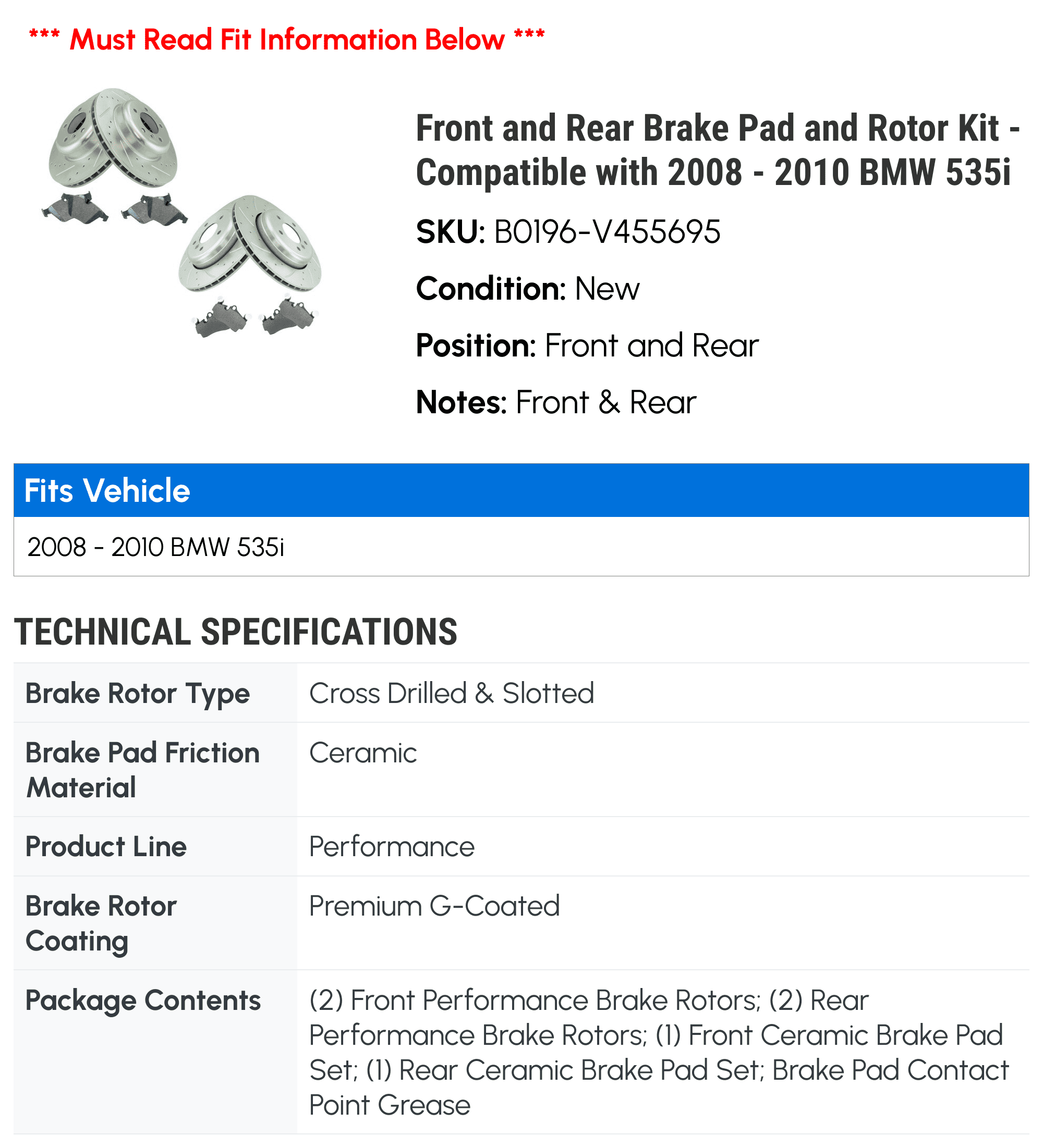 Front and Rear Brake Pad and Rotor Kit - Compatible with 2008 - 2010 BMW 535i 2009