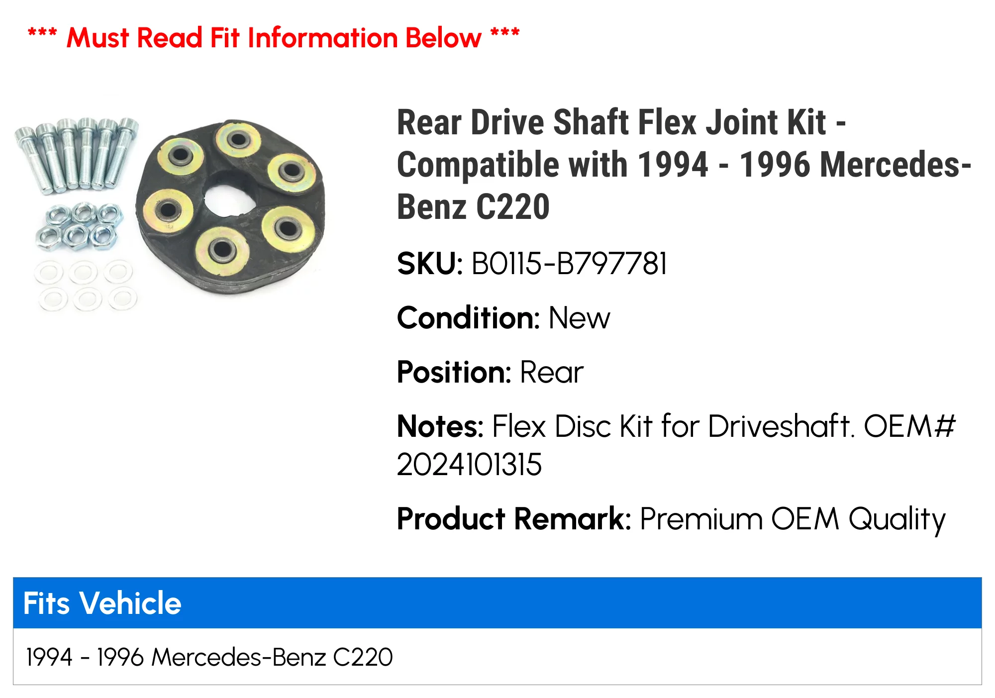 Rear Drive Shaft Flex Joint Kit - Compatible with 1994 - 1996 Mercedes-Benz C220 1995