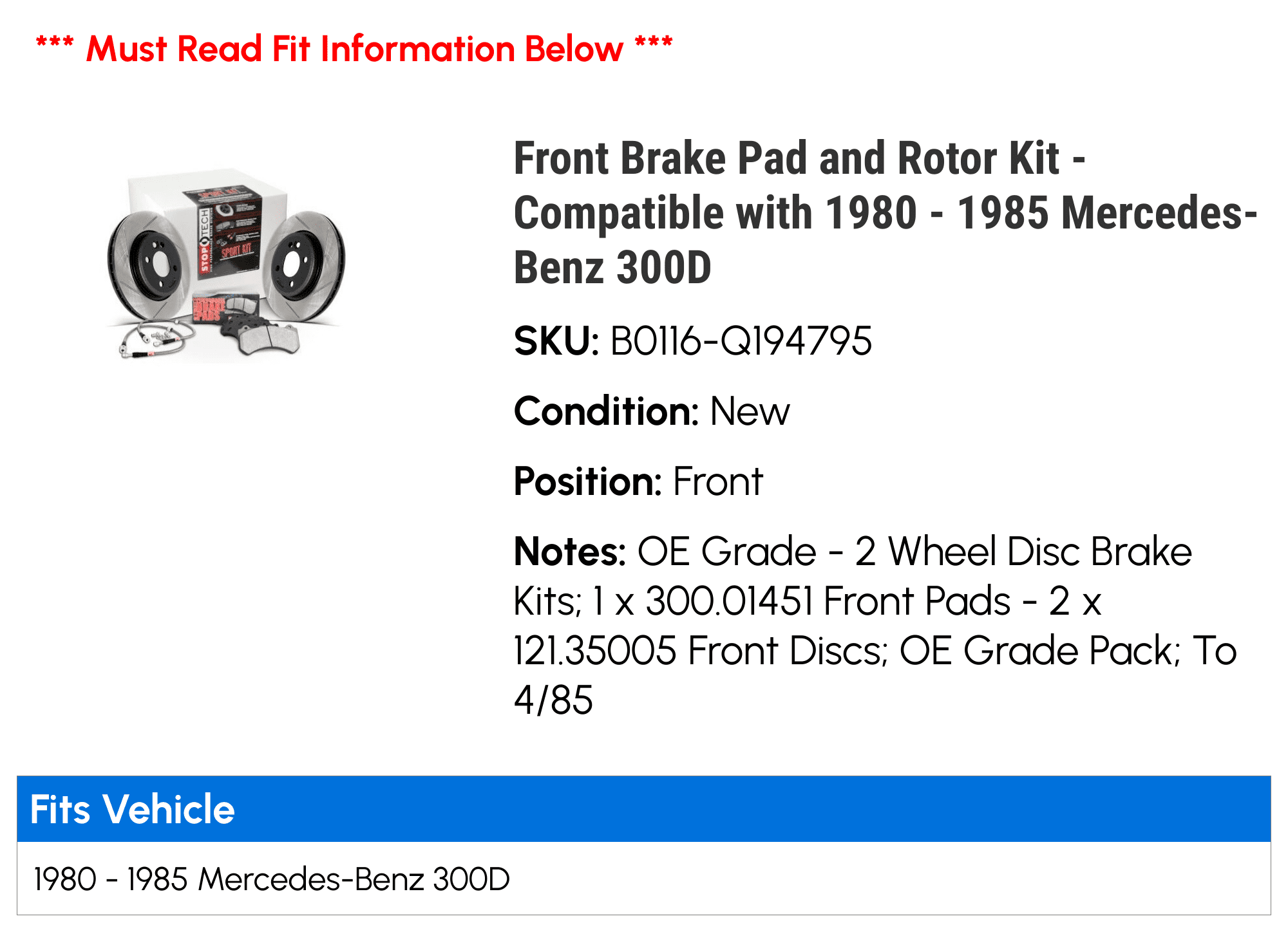 Front Brake Pad and Rotor Kit - Compatible with 1980 - 1985 Mercedes-Benz 300D 1981 1982 1983 1984