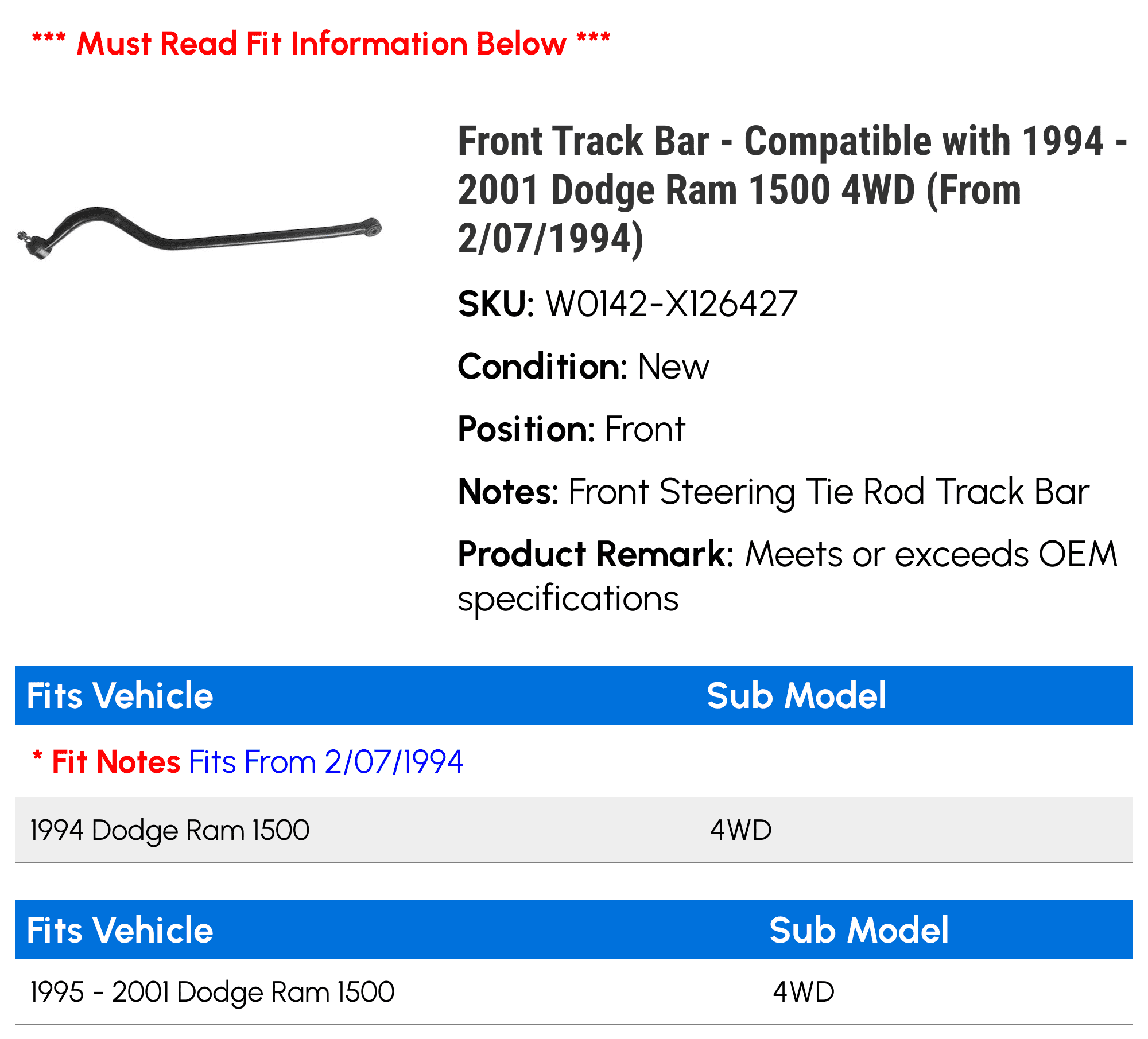 Front Track Bar - Compatible with 1994 - 2001 Dodge Ram 1500 4WD (From 2/07/1994) 1995 1996 1997 1998 1999 2000