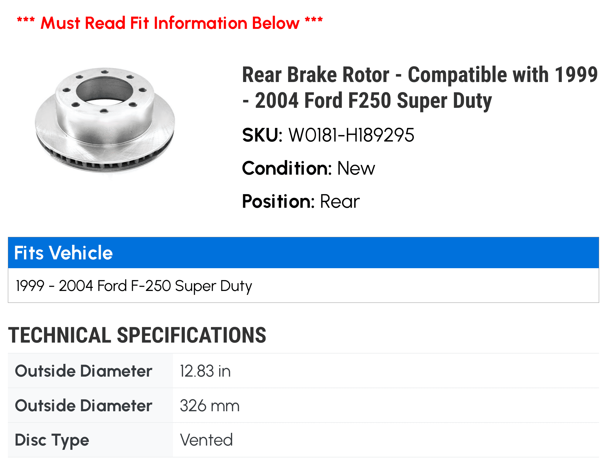 Rear Brake Rotor - Compatible with 1999 - 2004 Ford F250 Super Duty 2000 2001 2002 2003