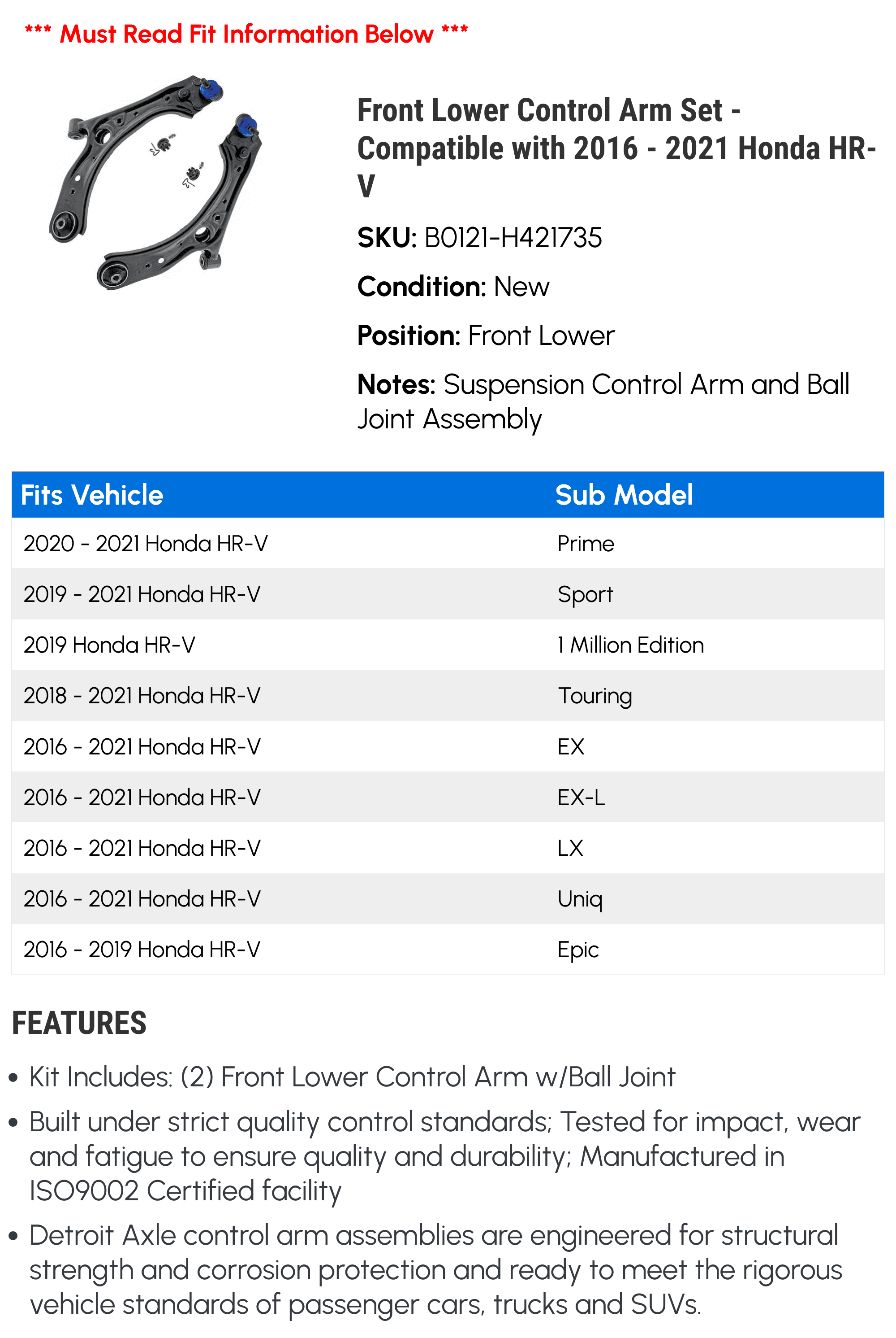 Front Lower Control Arm Set - Compatible with 2016 - 2021 Honda HR-V 2017 2018 2019 2020