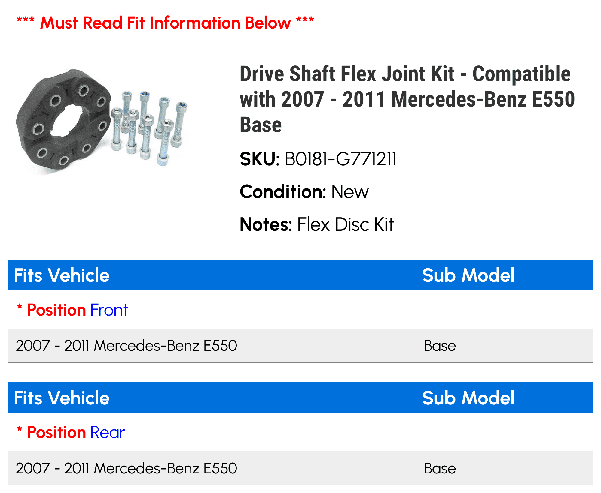 Drive Shaft Flex Joint Kit - Compatible with 2007 - 2011 Mercedes-Benz E550 Base 2008 2009 2010