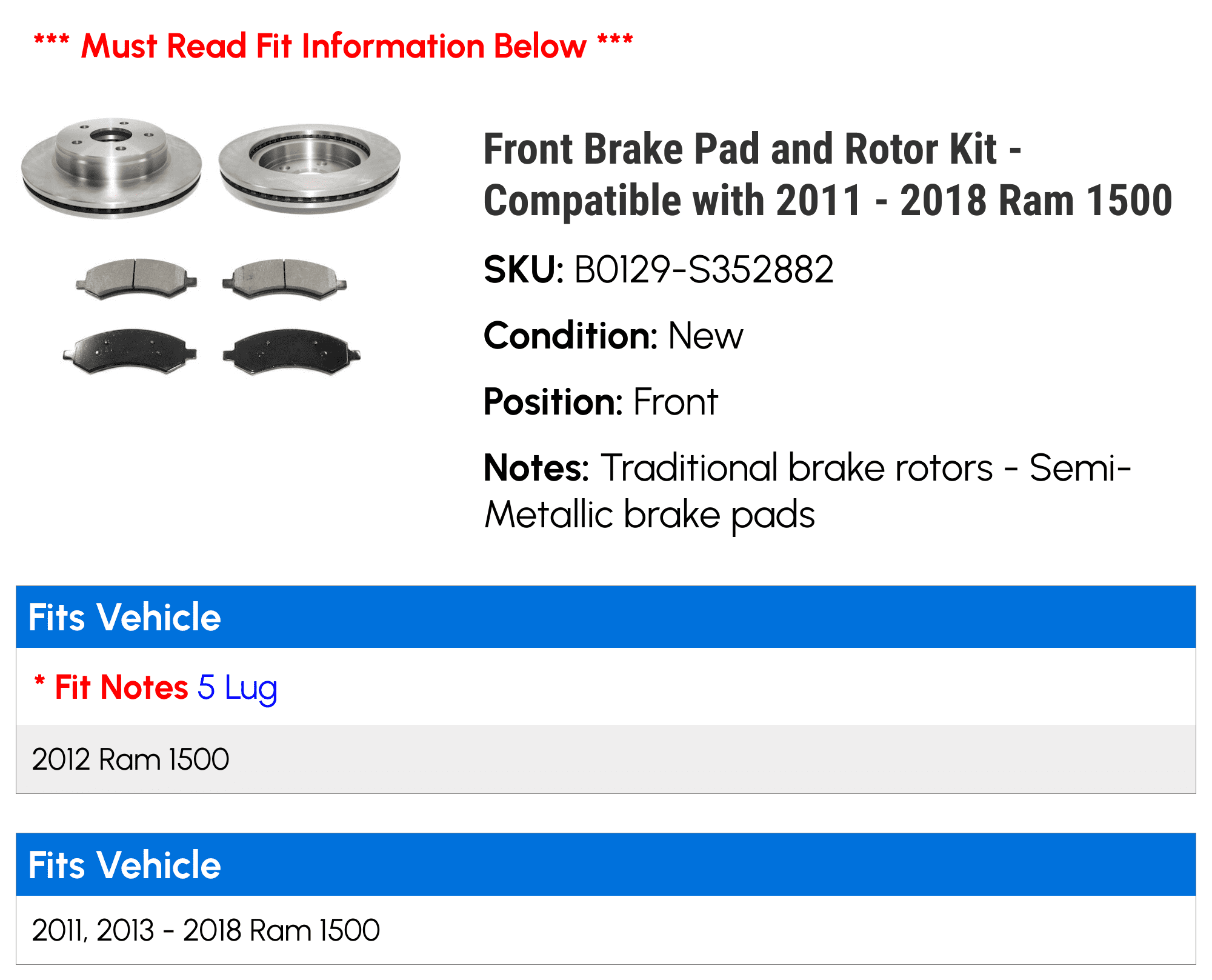 Front Brake Pad and Rotor Kit - Compatible with 2011 - 2018 Ram 1500 2012 2013 2014 2015 2016 2017
