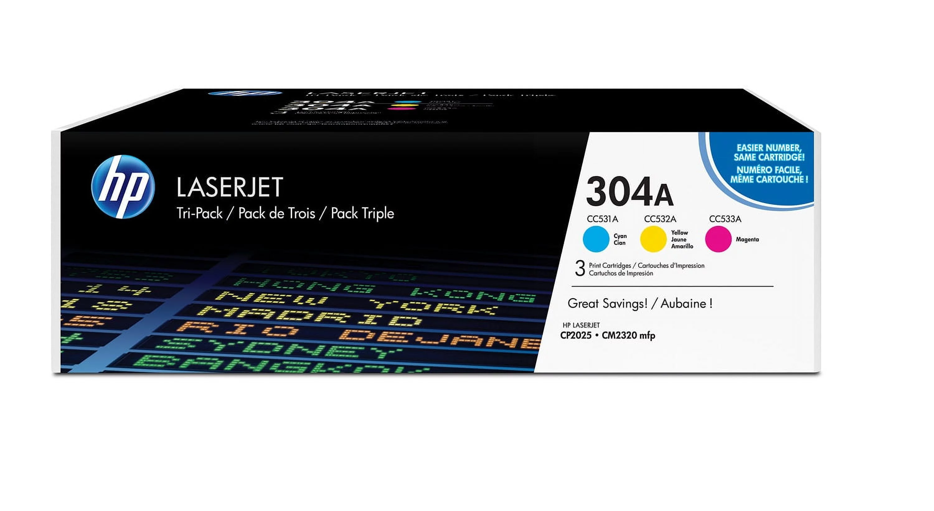 HP 304A 3-pack Cyan/Magenta/Yellow Original LaserJet Toner Cartridges, Per