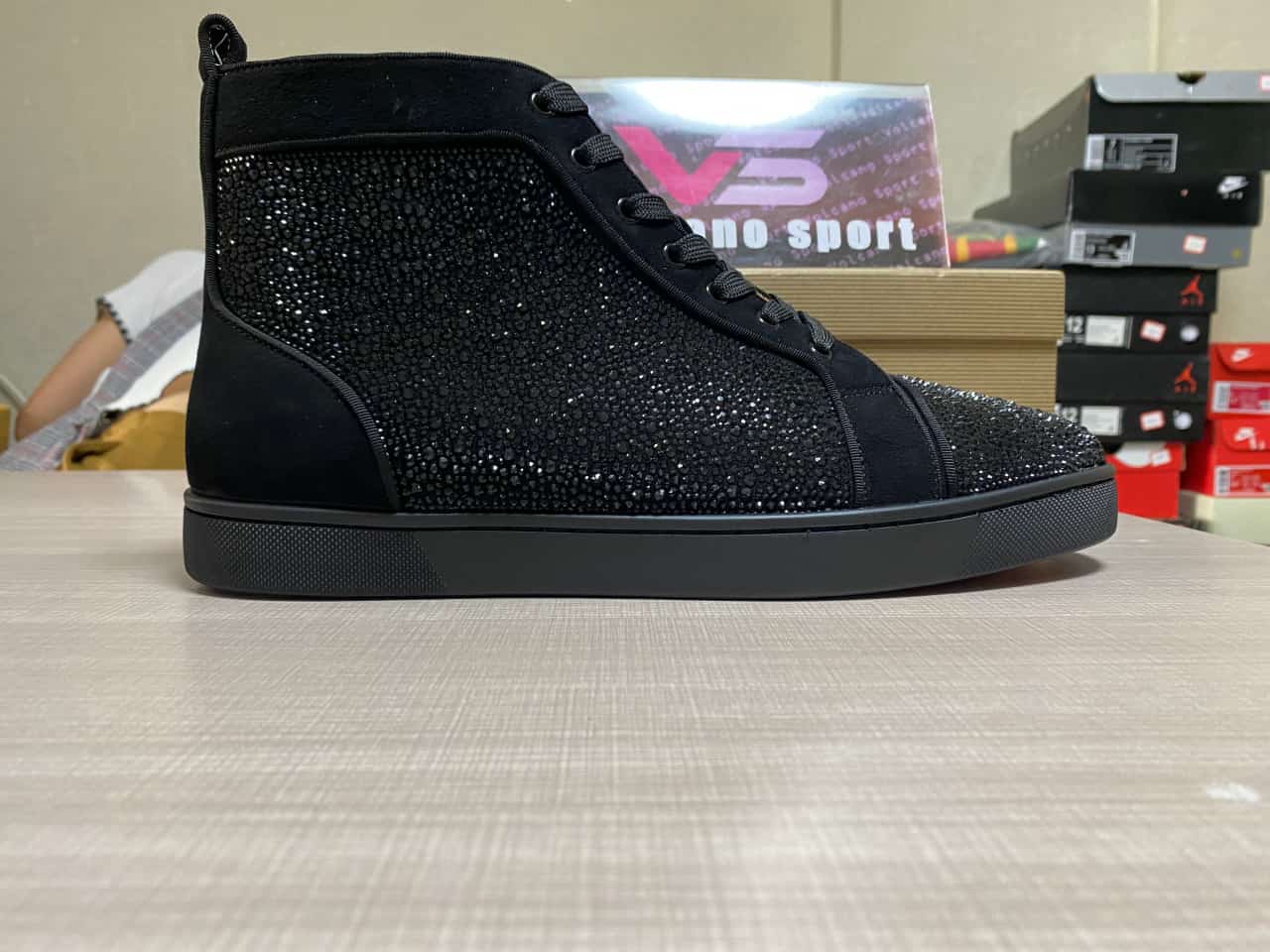 Christian Louboutin High top Full Diamond Black Suede Rhinestone Shoes
