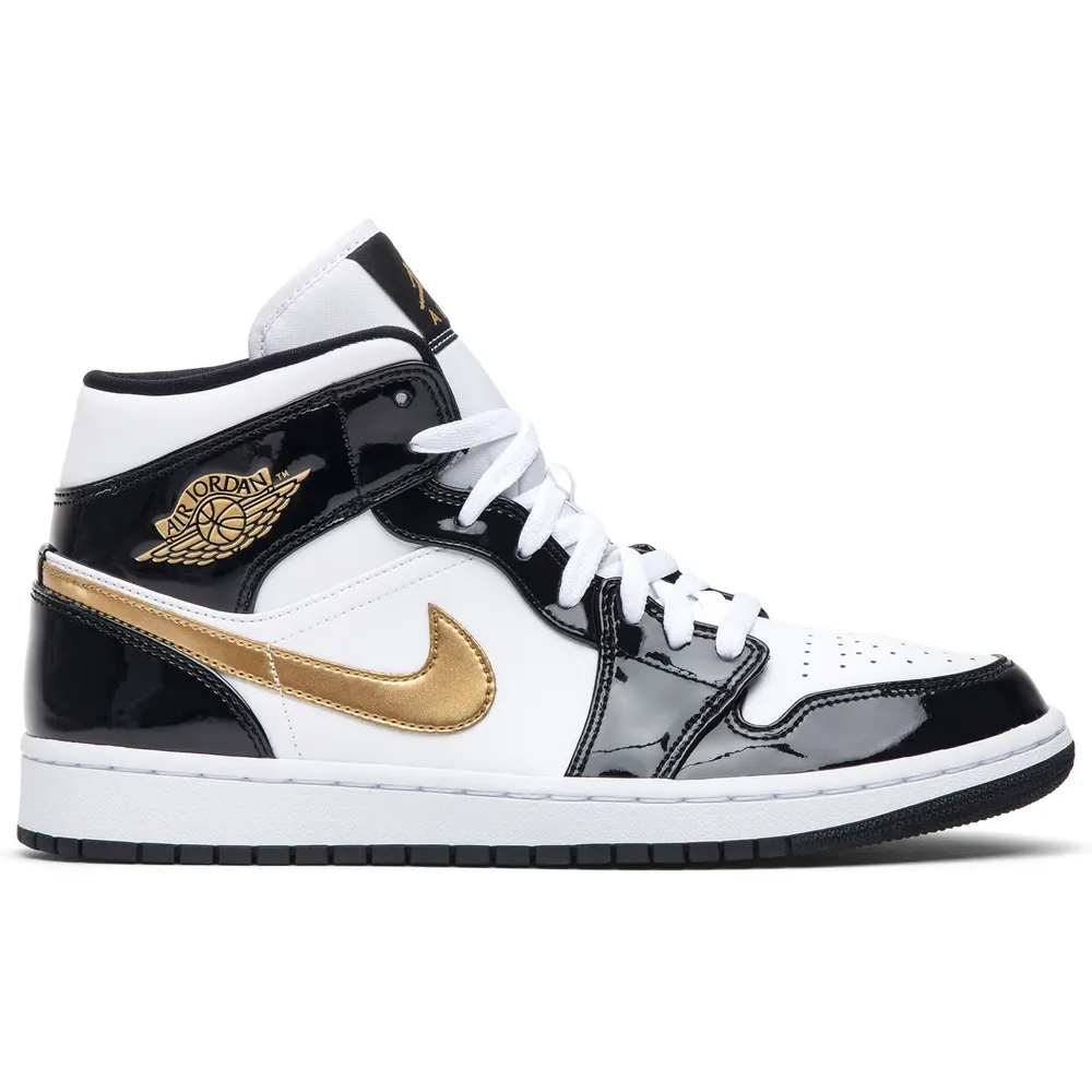 Jordan 1 Mid Patent Black White Gold 852542-007