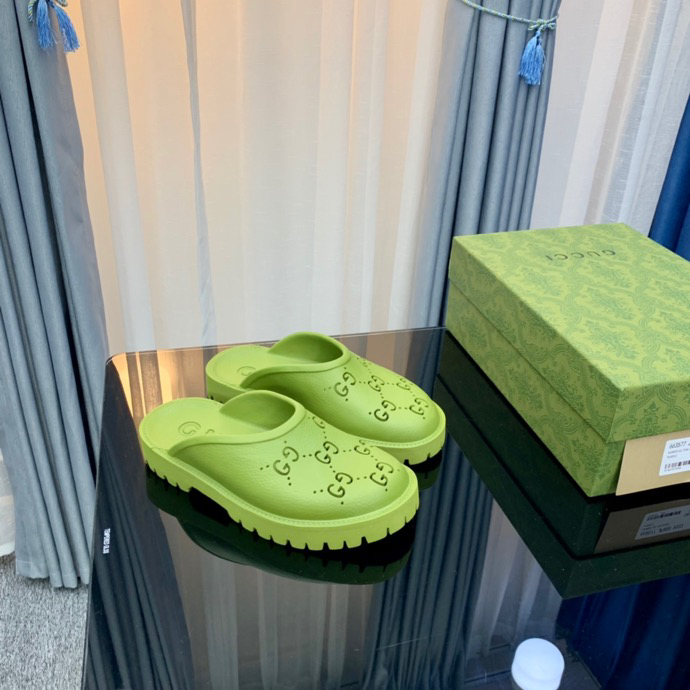 Gucci Perforated GG Thin Sole Mules Green