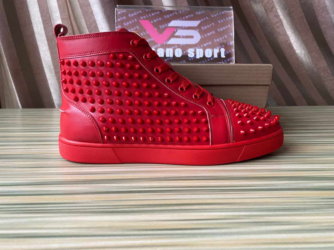 Christian Louboutin Louis Flat Poppy Red Suede -Metallic Spike