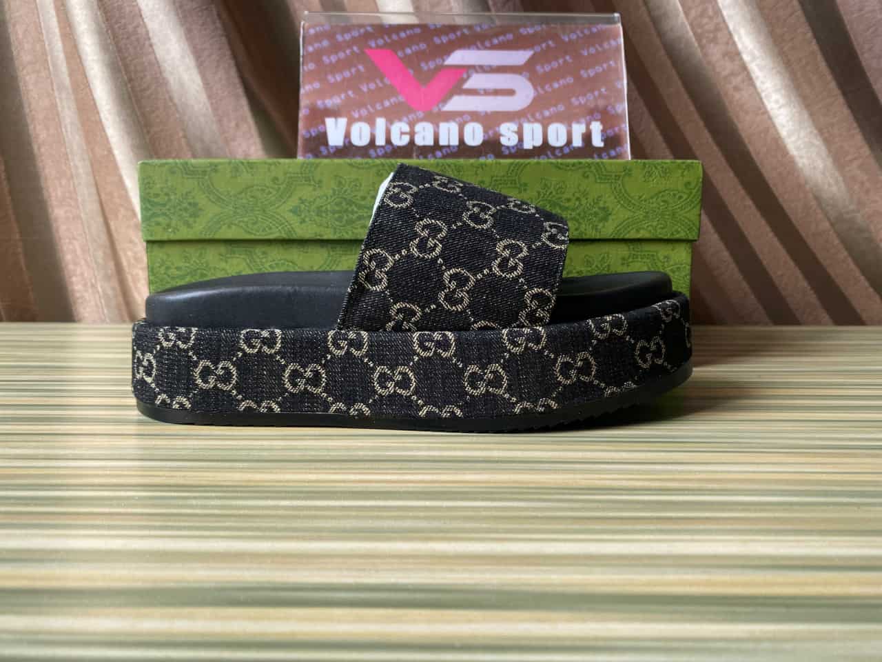 GUCCI Angelina Platform 55 mm Sandal Black Jacquard Denim