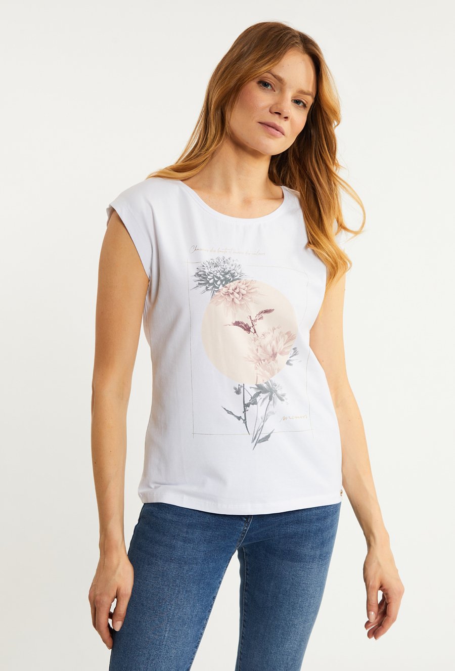 Bawełniany t-shirt damski z wzorzystym panelem