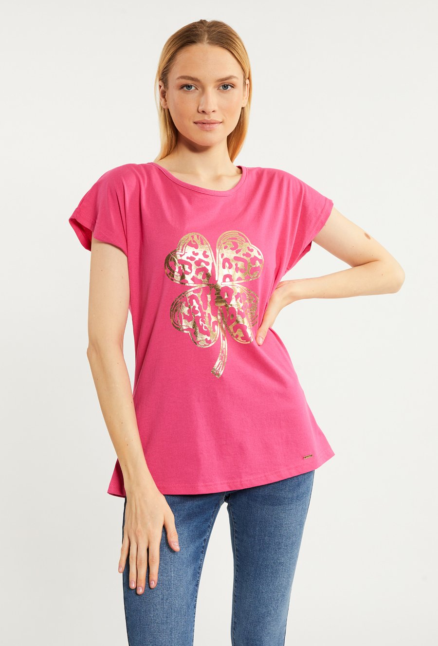 T-shirt damski z połyskującym panelem