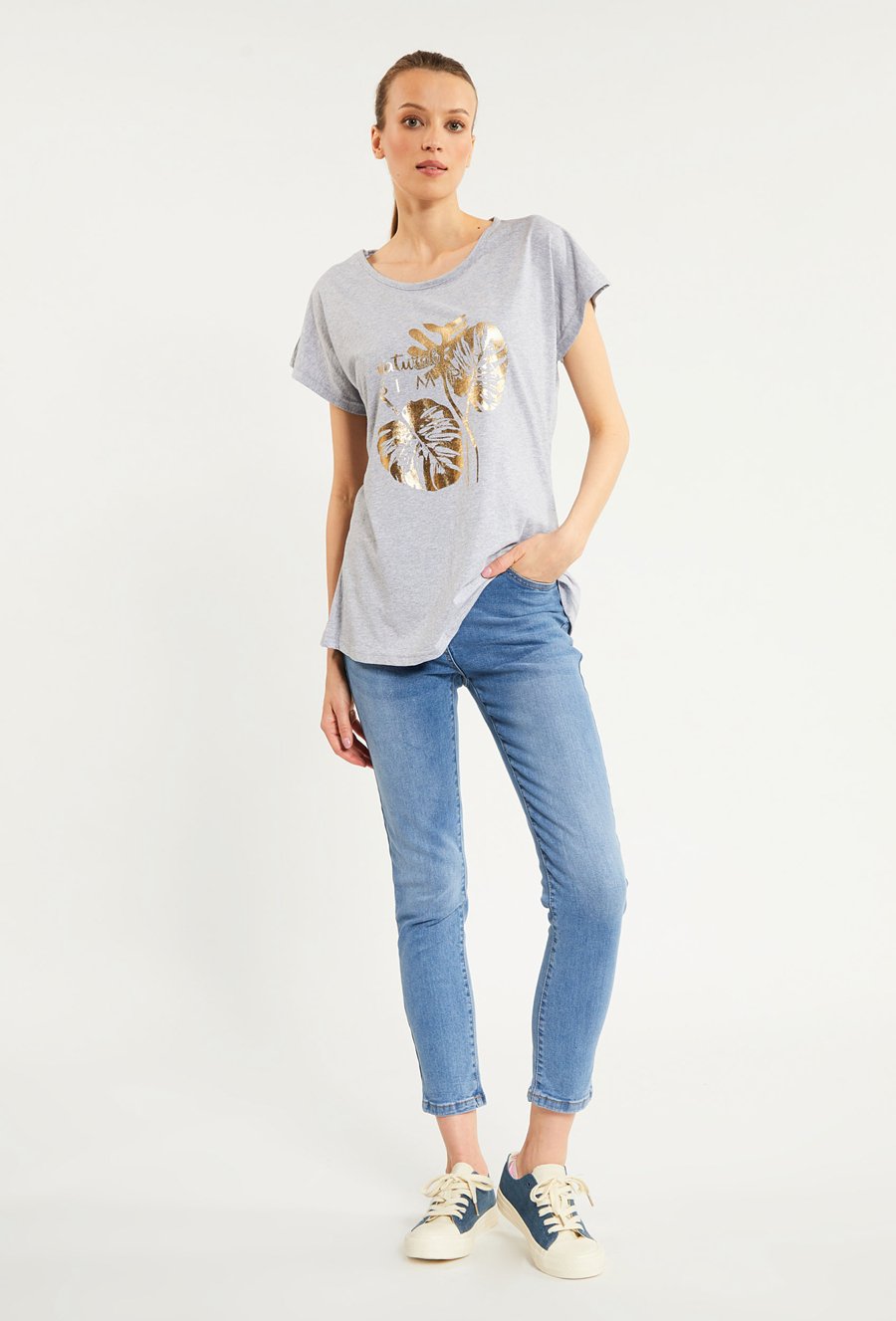 T-shirt damski z połyskującym panelem