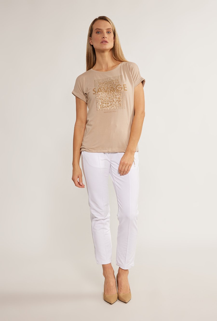T-shirt damski z cekinowym panelem