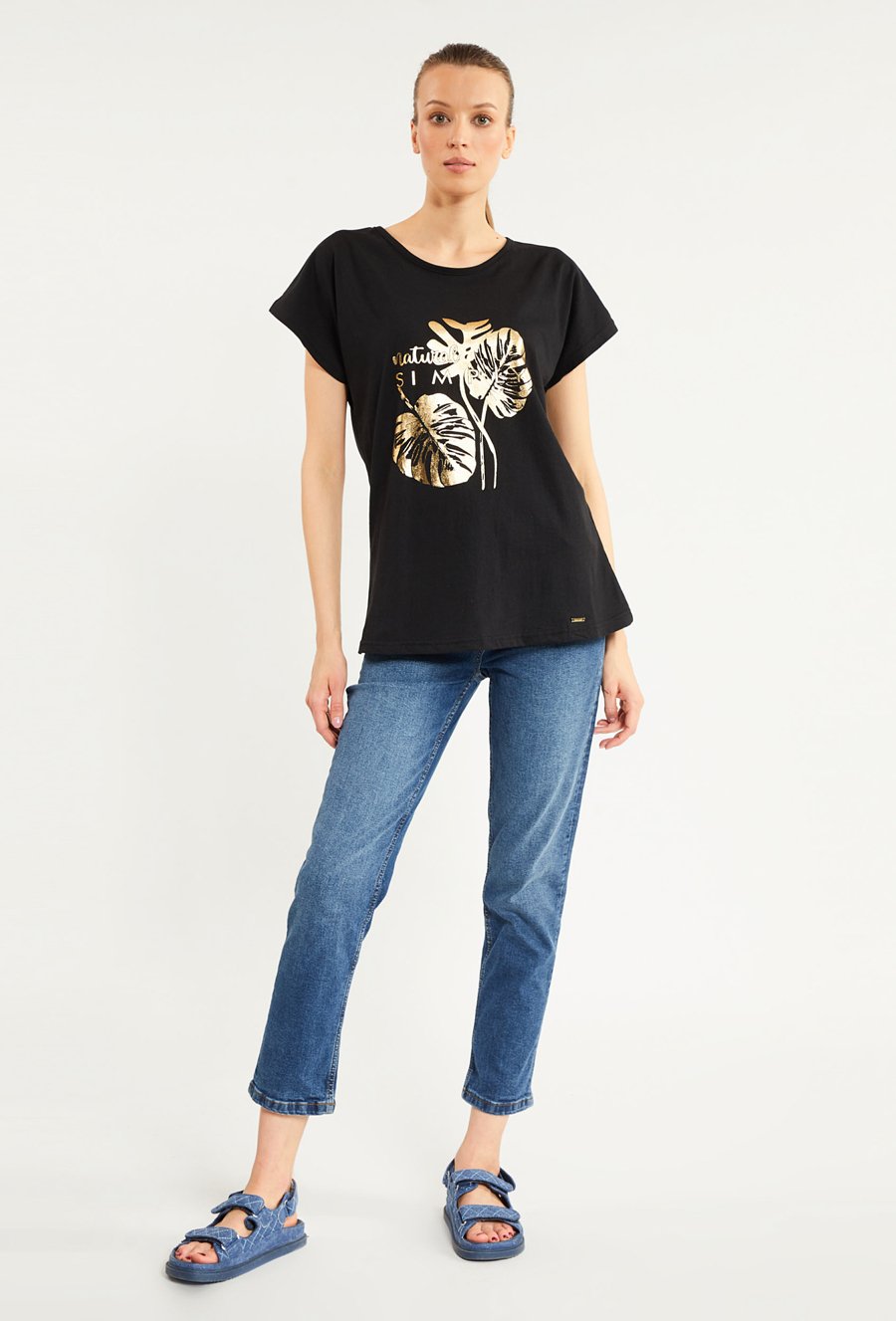 T-shirt damski z połyskującym panelem