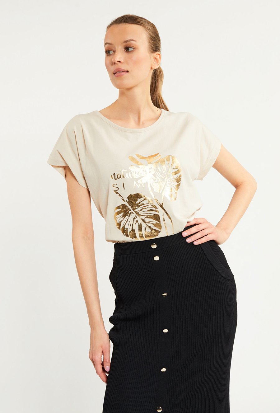T-shirt damski z połyskującym panelem