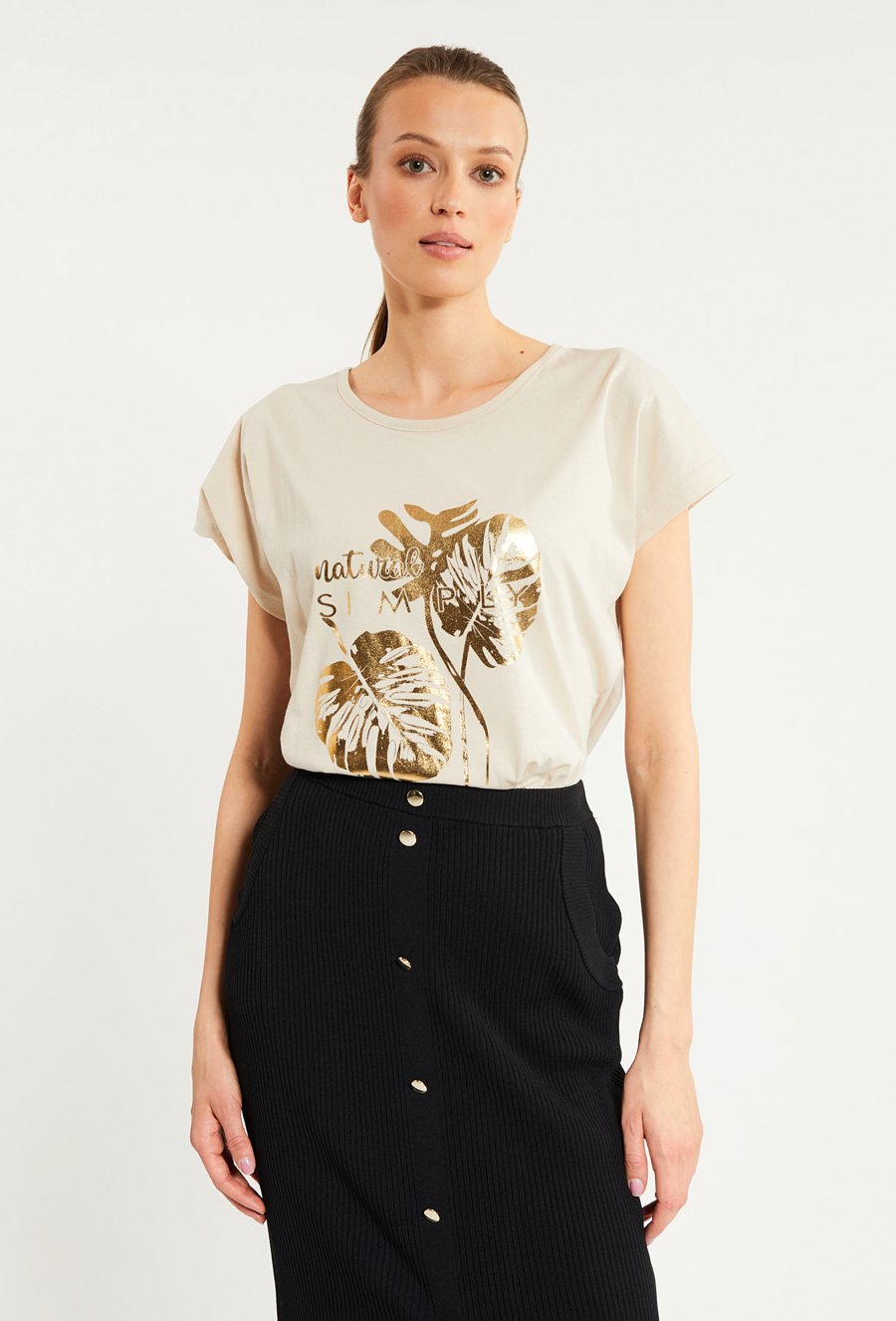 T-shirt damski z połyskującym panelem