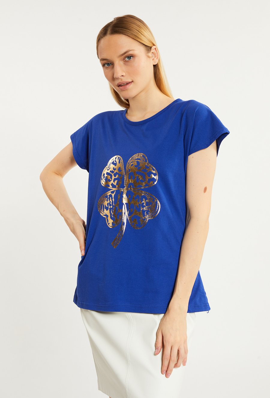 T-shirt damski z połyskującym panelem