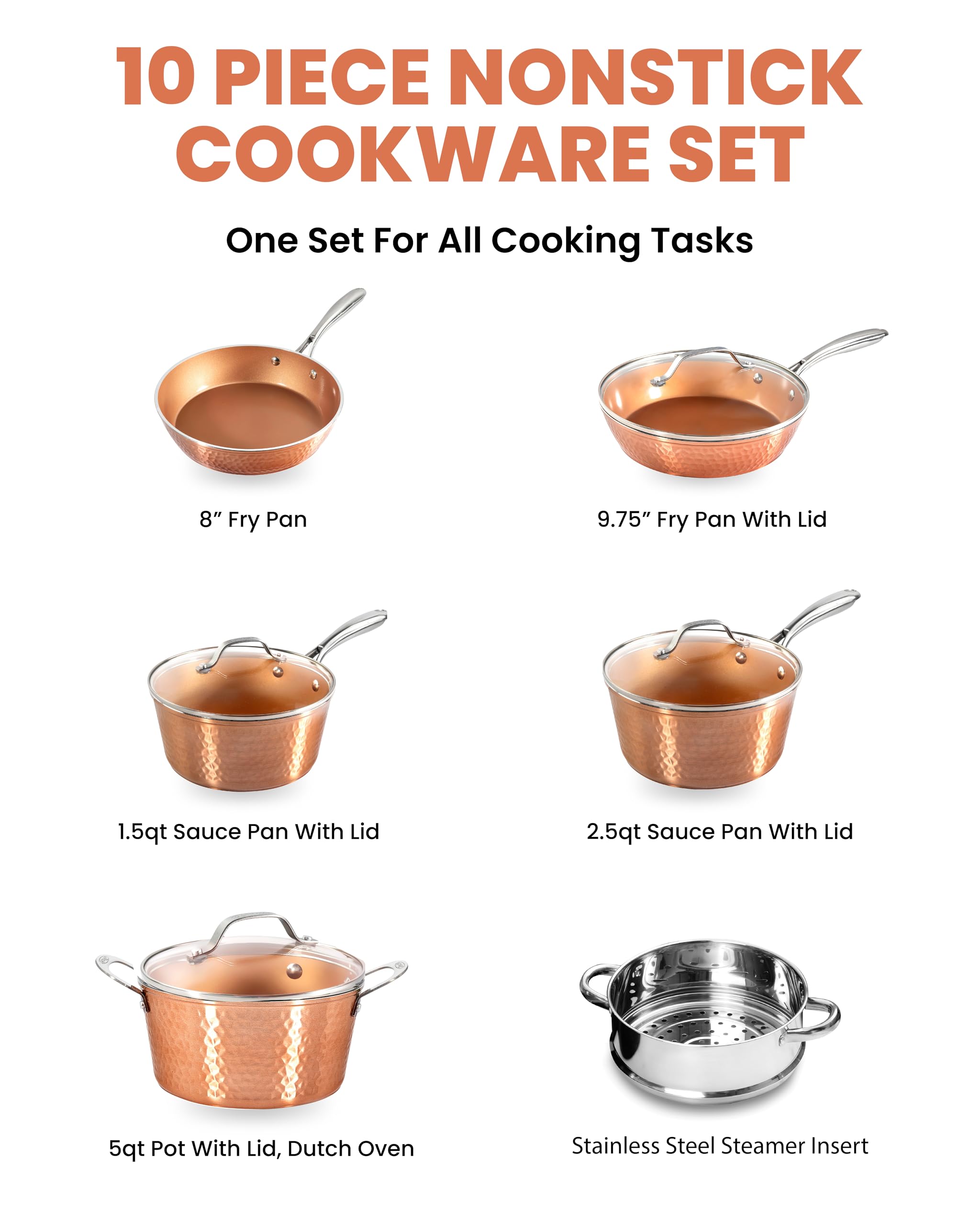 Gotham Steel 10 Pc Hammered Copper Pots and Pans Set Nonstick Cookware Set, Pot and Pan Set, Kitchen Cookware Sets, Non Toxic Cookware Set with Lids, Pot Set, Dishwasher / Oven Safe, 100% Toxin Free