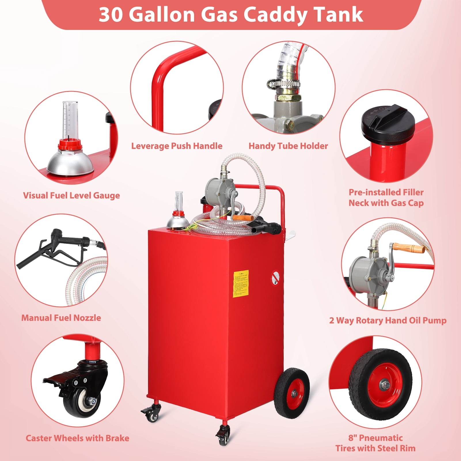 Fuel Caddy, 35 Gallon Portable Stainless Steel Gas Storage Tank On 4 Wheels with Manual Transfer Pump, Gasoline Diesel Fuel Container with Siphon Pump, for Cars Lawn Mowers ATVs Boats