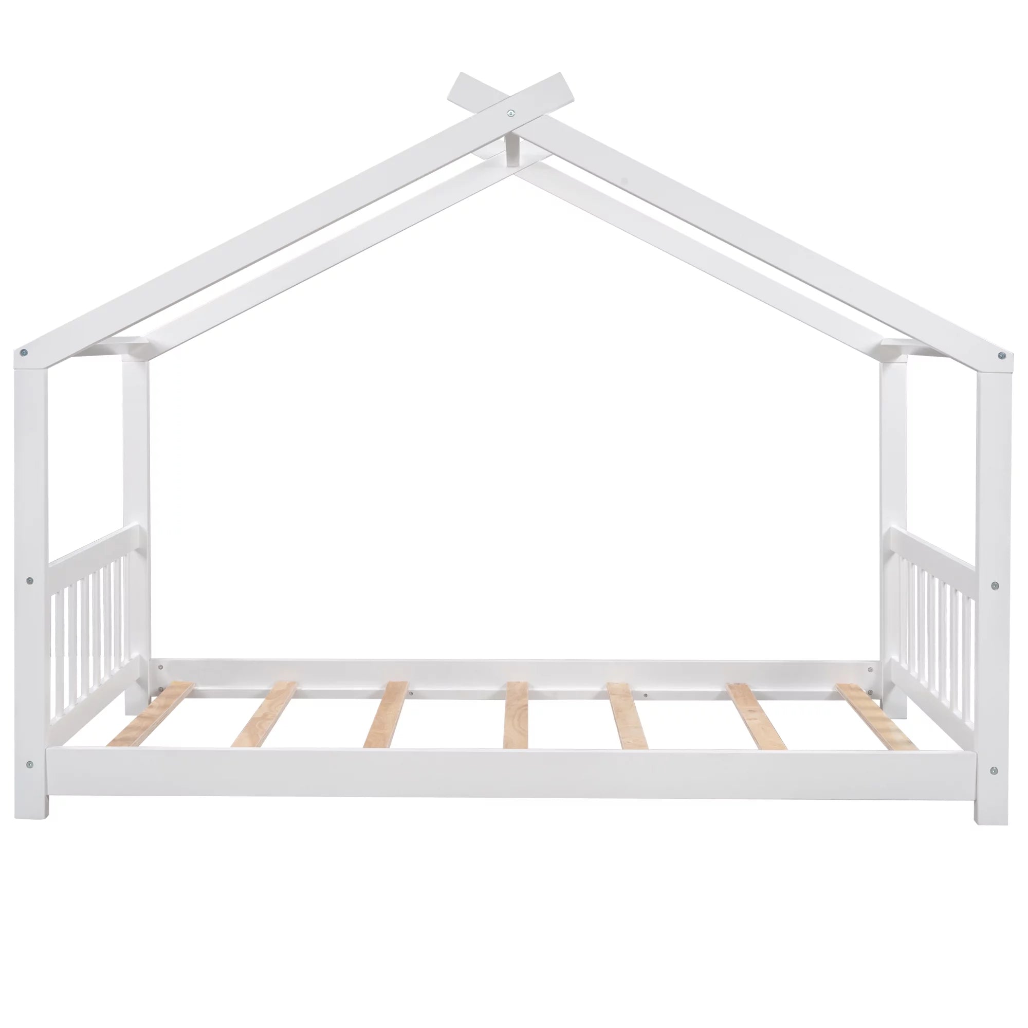 Twin Size White House Platform Bed with Roof Design Headboard and Footboard, Kids Bedroom Furniture