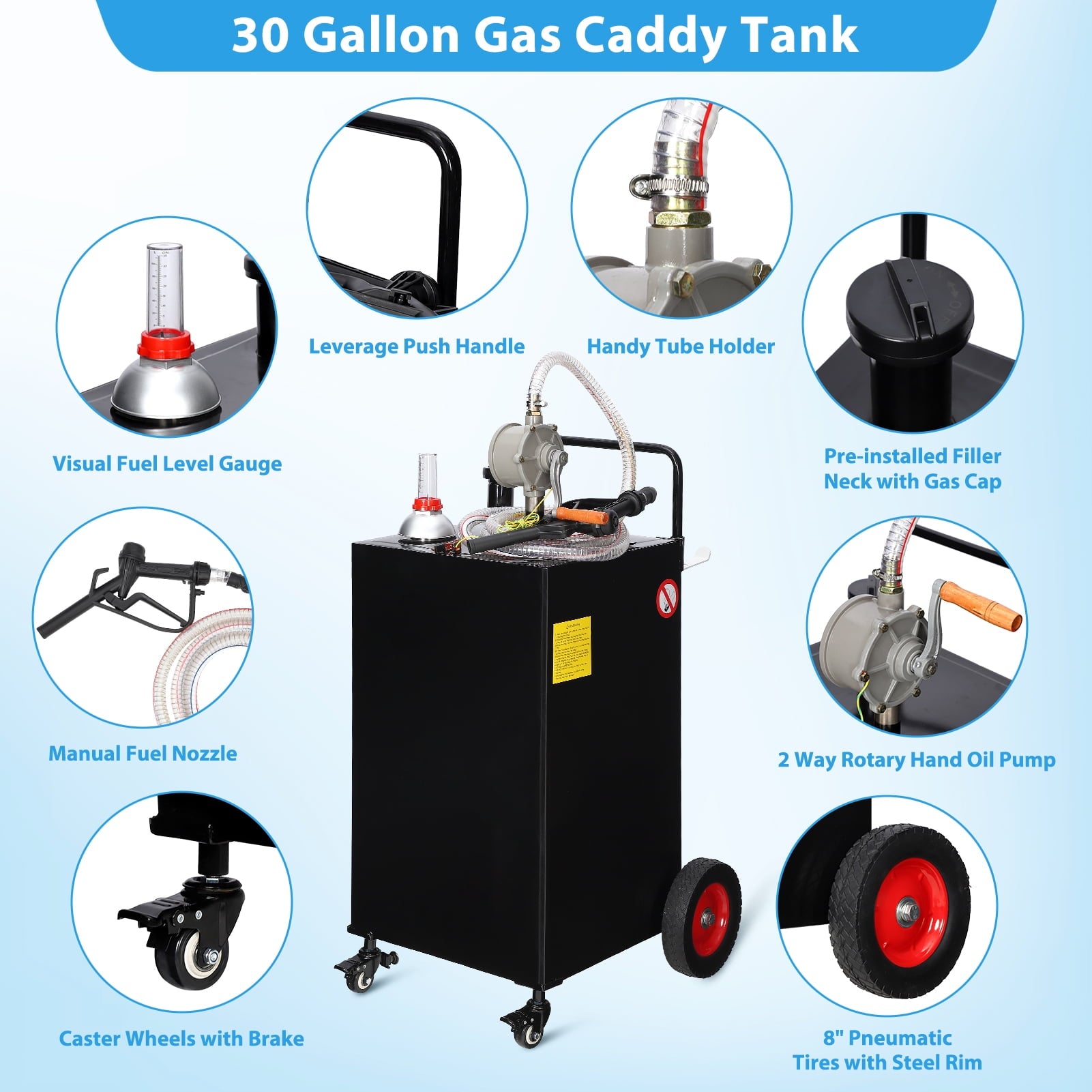 Fuel Caddy, 30 Gallon Portable Gas Storage Tank On 4 Wheels with Manual Transfer Pump, Gasoline Diesel Fuel Container with Manual Transfer Siphon Pump, for Cars, Lawn Mowers, ATVs, Boats