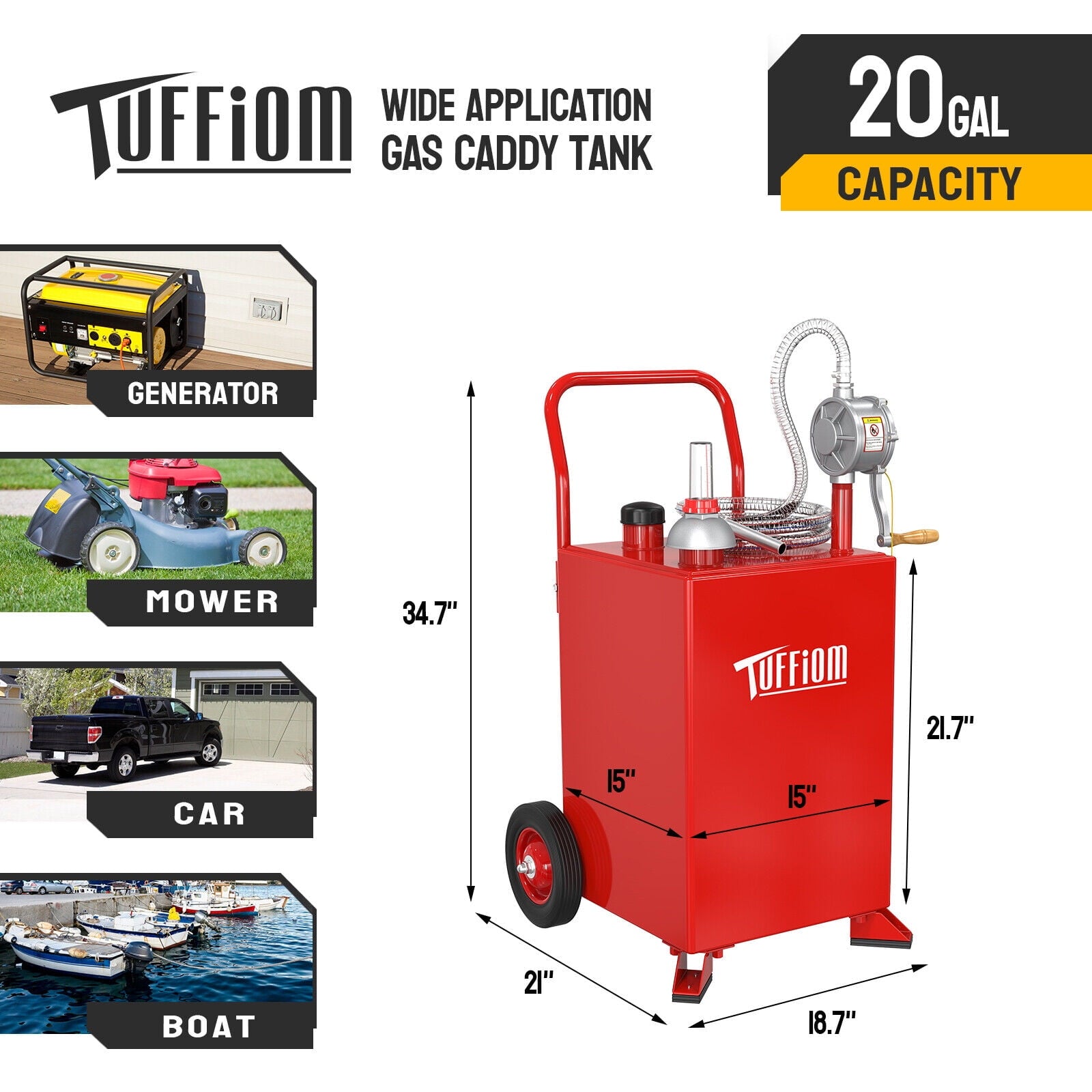 TUFFIOM 20 Gallon Gas Caddy with Wheels, Gasoline Diesel Fuel Transfer Storage Tank with Pump, Red