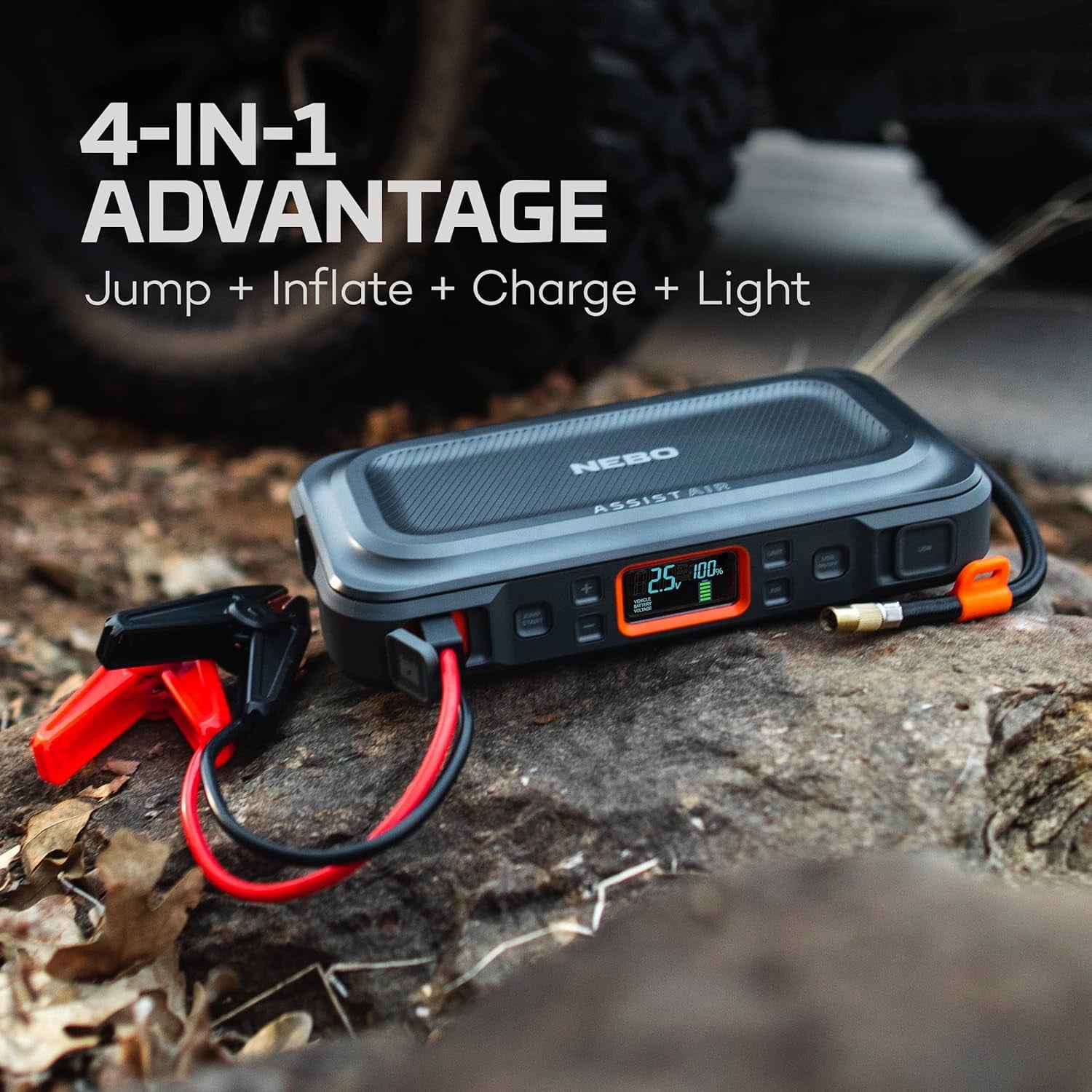 NEBO 4-in-1 Assist Air Jump Starter, Portable Car Battery Charger, Emergency USB Power Bank with Tire Pump, Interchangeable Air Nozzles, 310 Lumen Floodlight