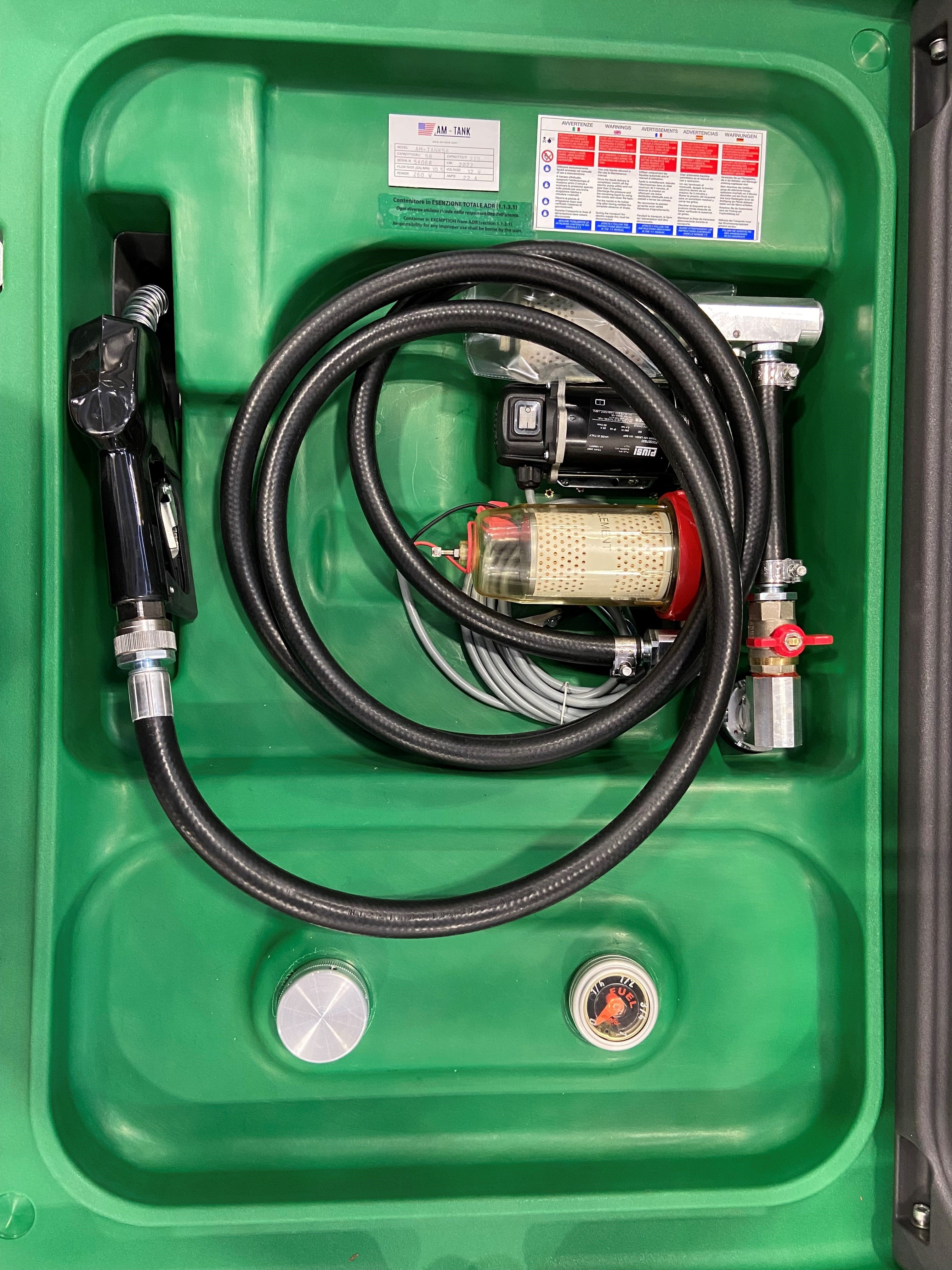 AM-TANK Portable 58 gal Diesel Tank to fit under Truck Tonneau Cover with 12V Pump, Particulate and Water Filter, 13ft hose and Auto-Nozzle.