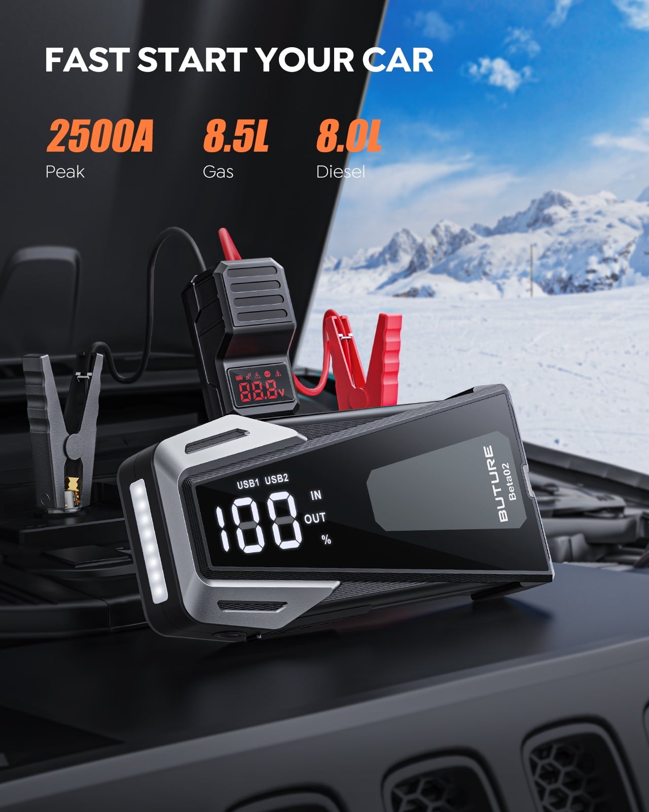 Buture Car Jump Starter Booster 2500A Powerful Safe Portable Car Battery Jump Starter Charger With Large Display Lighting Charging Function