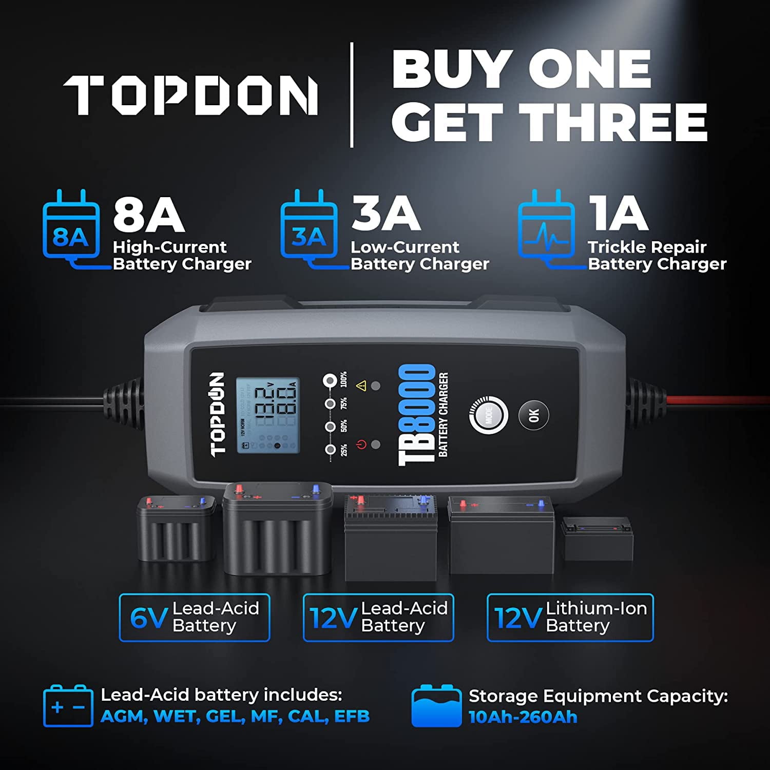 TOPDON TB8000 Car Battery Charger 8A/3A/1A 12V/6V Automotive Battery Maintainer with Voltage Detection
