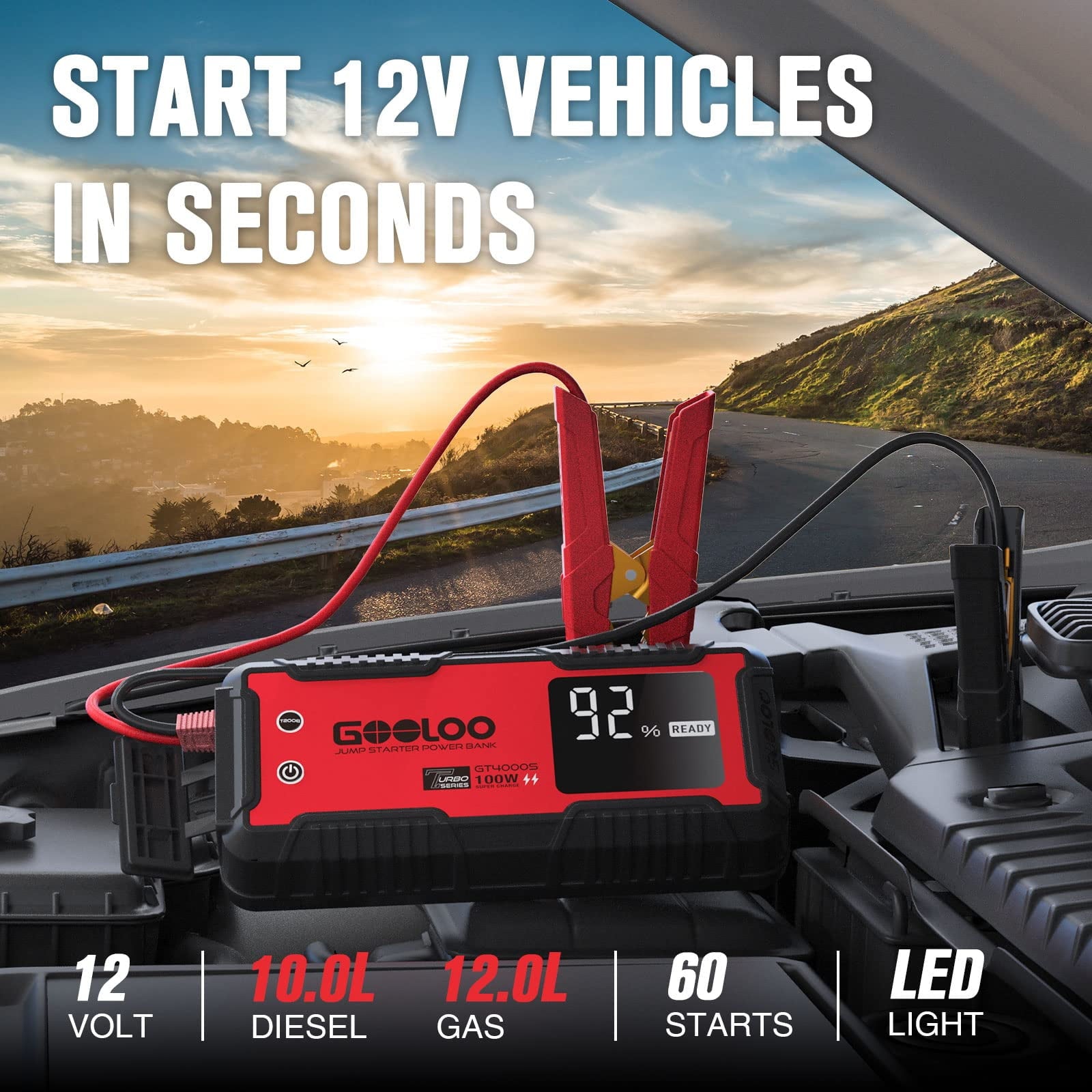 GOOLOO GT4000S Jump Starter 4000 Amp Car Starter 100W Two-Way Fast-Charging Portable Car Battery Charger Booster Pack for 10L Diesel and 12L Gas Engines, SuperSafe Lithium Jump Box for 12V Vehicles
