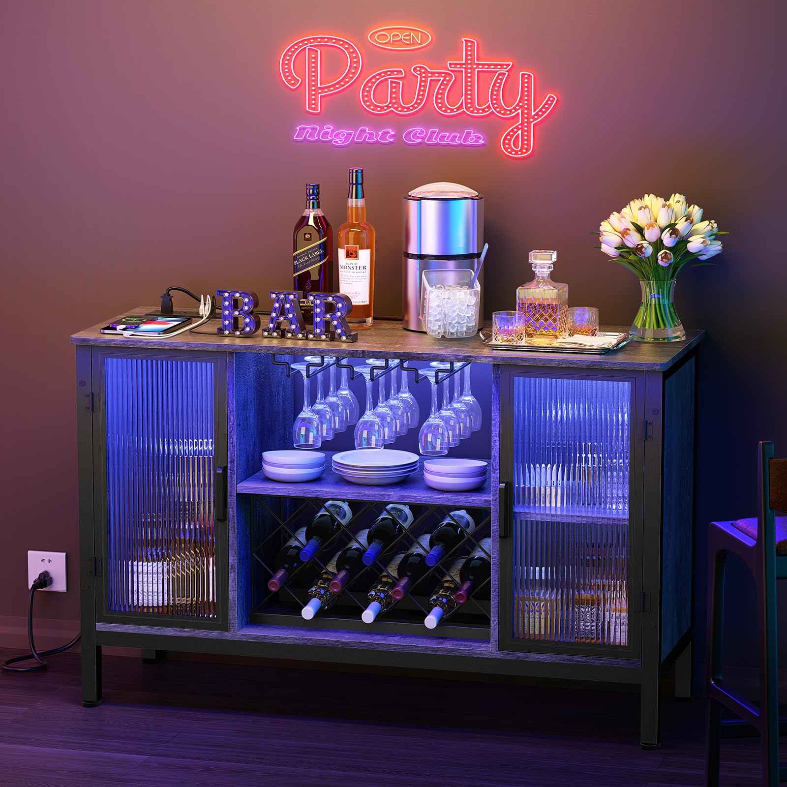 Zarler Sideboard Buffet Cabinet with Power Outlet and Light, LED Wine Cabinet for Liquor and Glasses, 47