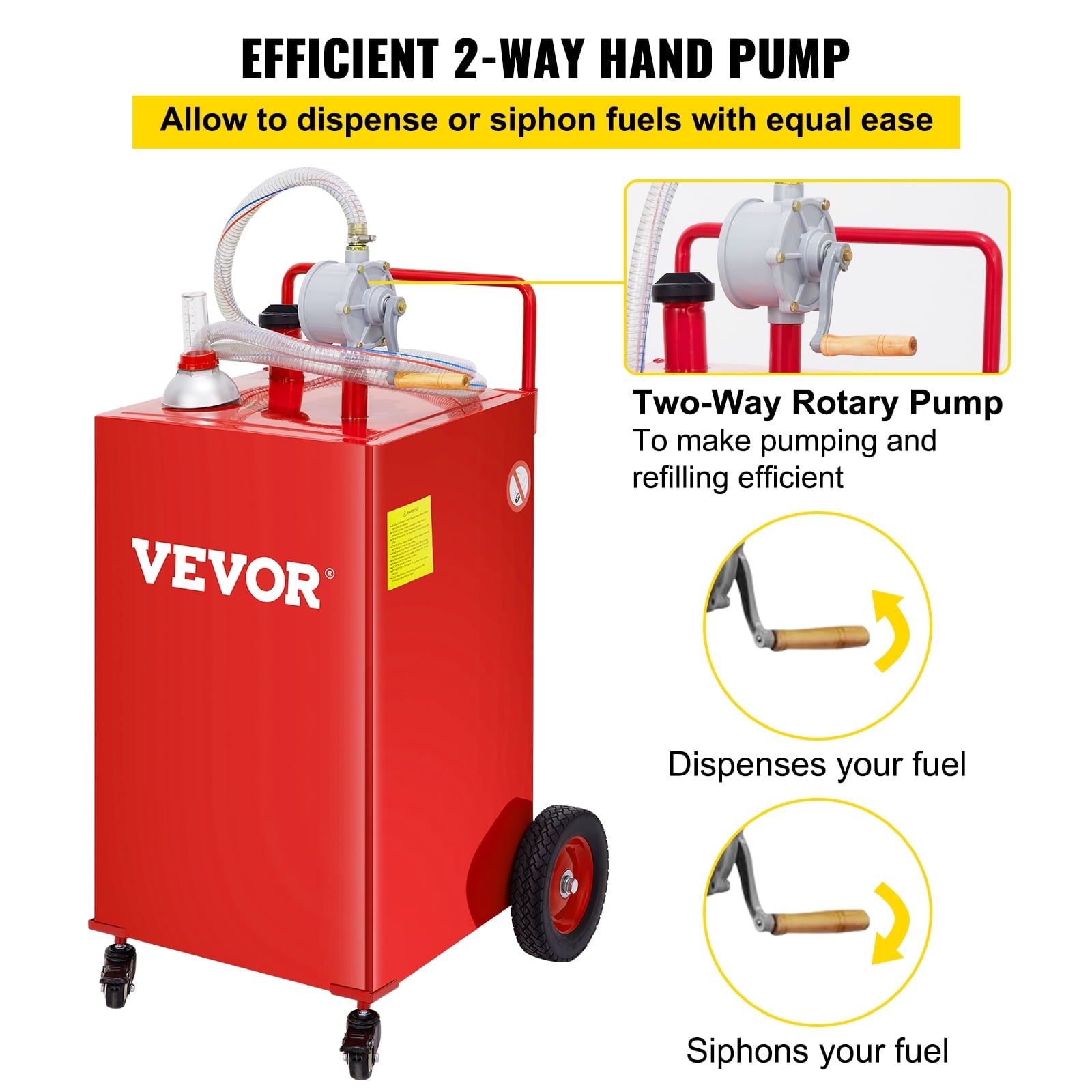 VEVOR 35 Gallon Gas Caddy, Fuel Storage Tank with 4 Wheels, Portable Fuel Caddy with Manuel Transfer Pump, Gasoline Diesel Fuel Container for Cars, Lawn Mowers, ATVs, Boats, More, Red