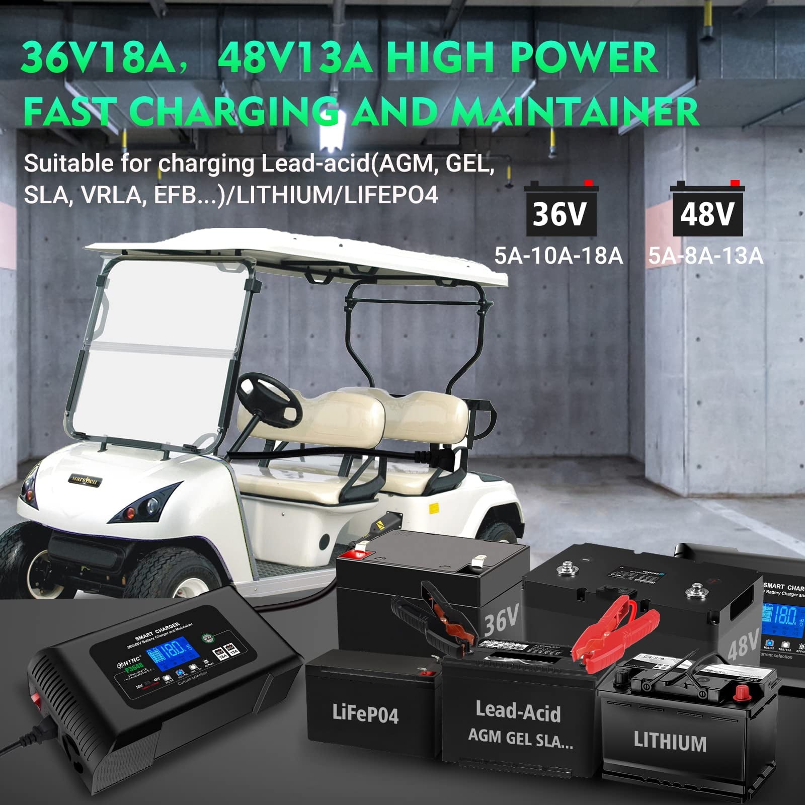 Car Battery Charger 18 Amp Automatic Smart Charger, 36V/18A 48V/13A, for Lead Acid (AGM/Gel/SLA)/LiFePO4 Trickle Charger, Pulse Repair Car Battery Charger, Deep Cycle Battery Charger