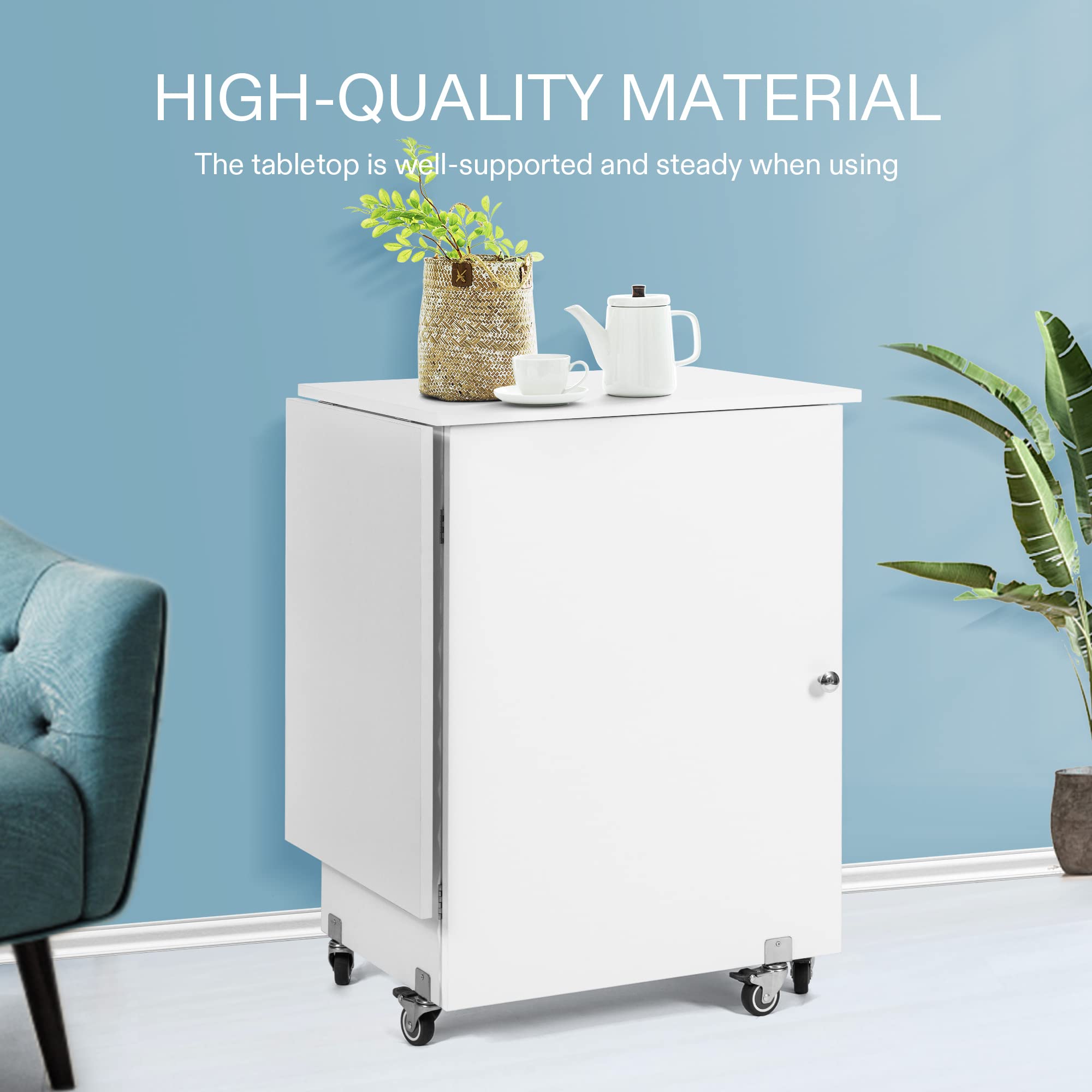 VIVOHOME Folding Sewing Craft Table, Rolling Sewing Machine Desk with Storage Shelves, Sewing Cabinet with Lift for Small Spaces, White
