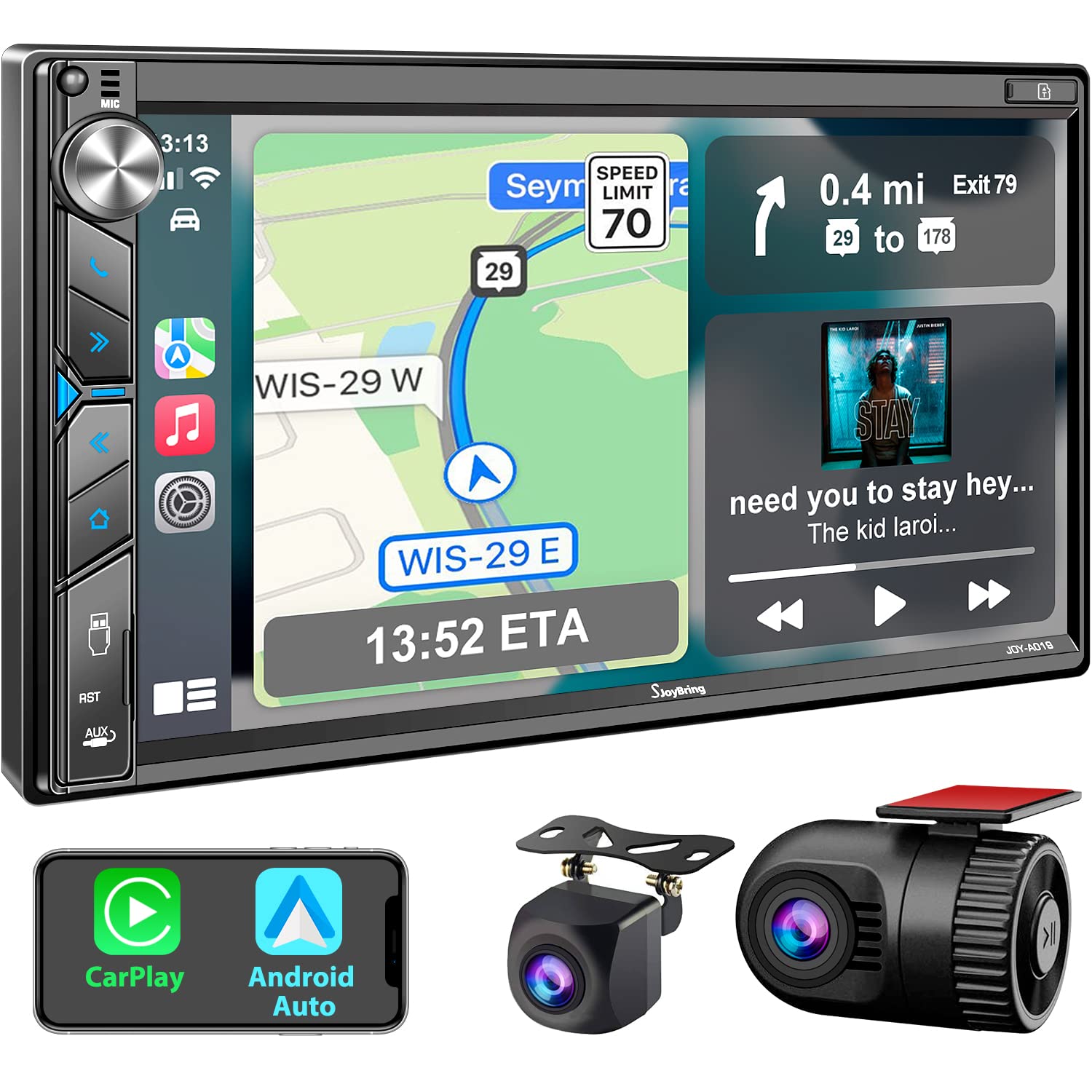 Double Din Car Stereo with Dash Cam - Voice Control Carplay, Android Auto, Steering Wheel Controls, 7