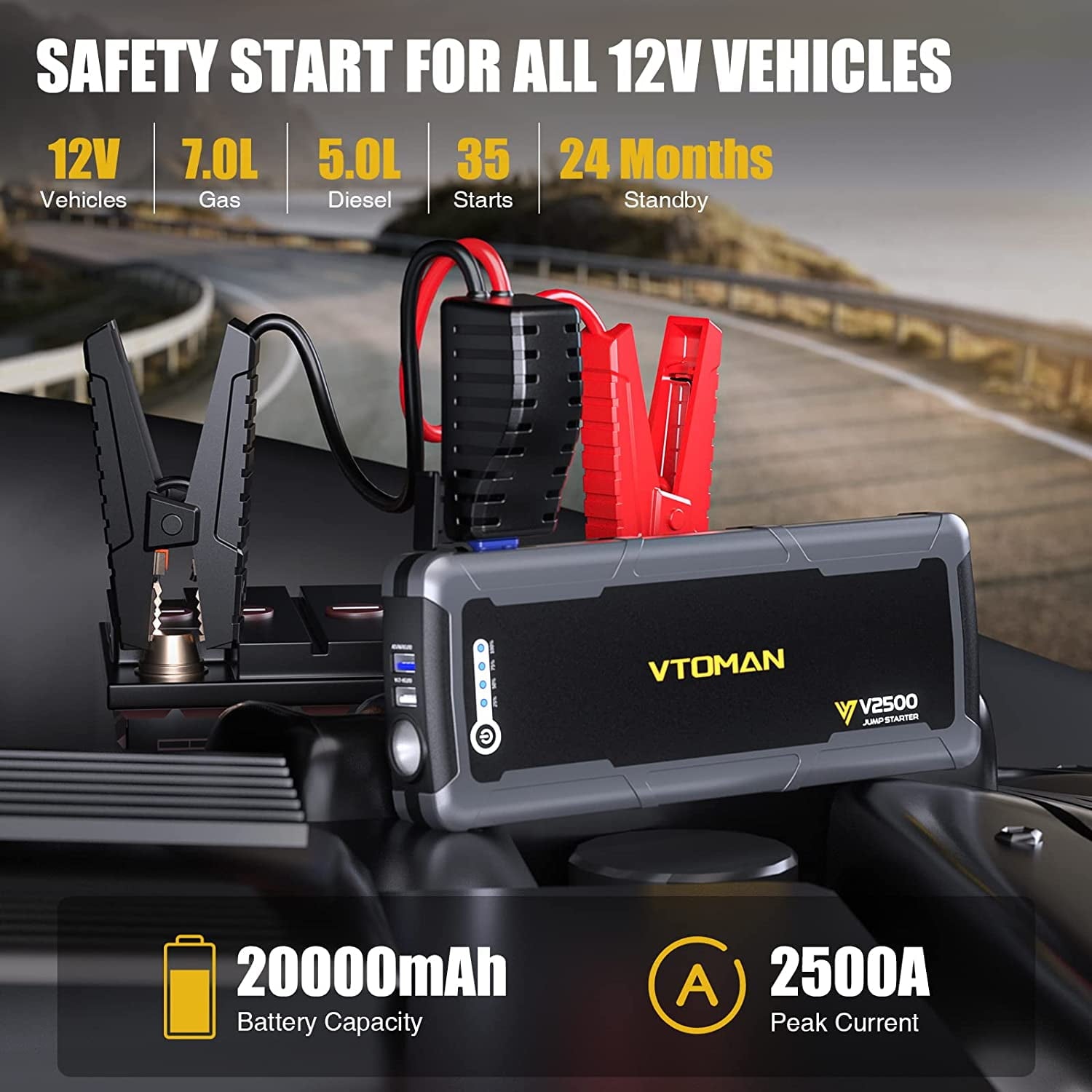 VTOMAN Car Jump Starter, Portable 2500A Peak 12V Battery Jump Starter with 3.0 Quick Charge, Powerful Battery Booster Power Pack (Up to 8.0L Gas & 6.0L Diesel Engine)