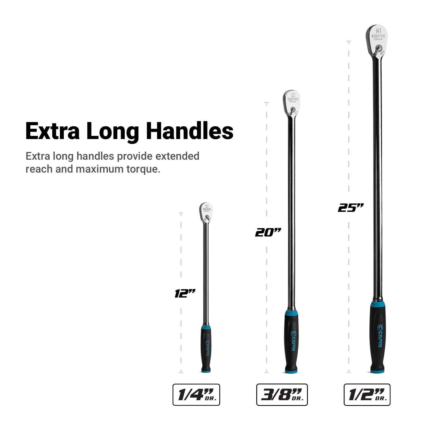 Capri Tools Fine 90-Tooth Extra Long Ratchet Set, Ergonomic Soft Grip, 1/4, 3/8, 1/2 in. Drive, 3-Piece