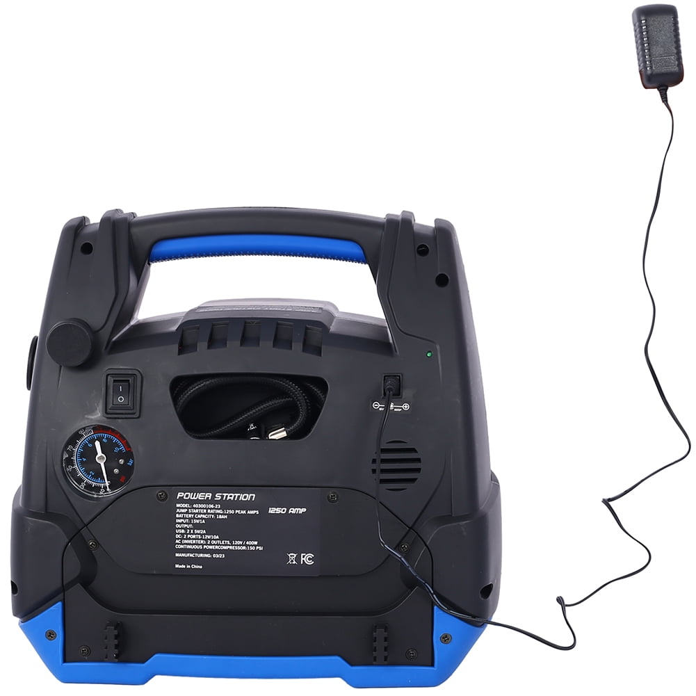 Rechargeable Jump Starter 1800 Amp Battery Jump Starter with Air Compressor Car Tire Inflator Portable Power Station 110V Power Inverter Emergency Auto Battery Booster Box